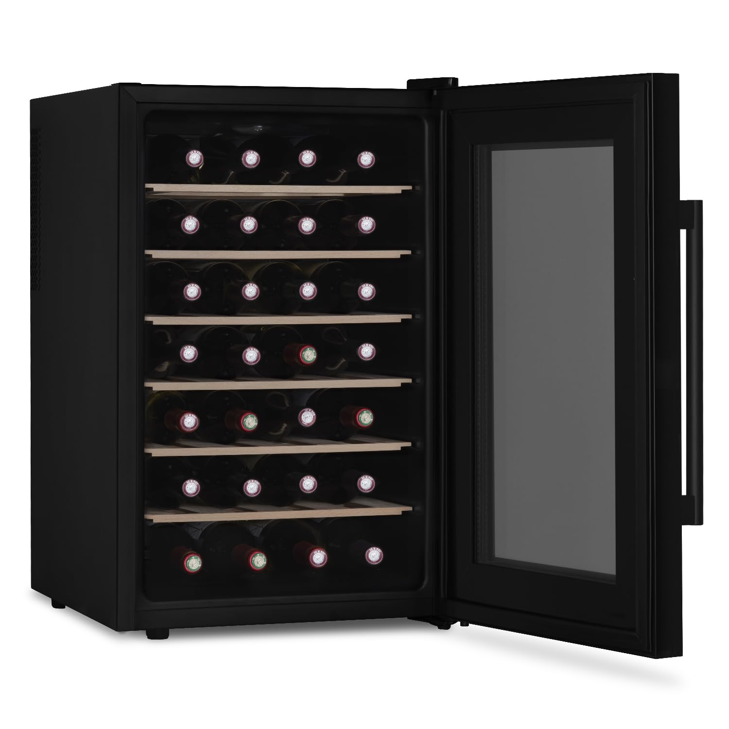 LES PETITS CHAMPS 28 Bottle Cantinetta per vino CAVCB28 Black Edition, 70L, 6 ripiani, regolabile da 11 a 18°C, raffreddamento termoelettrico, design elegante, LED, anti-UV