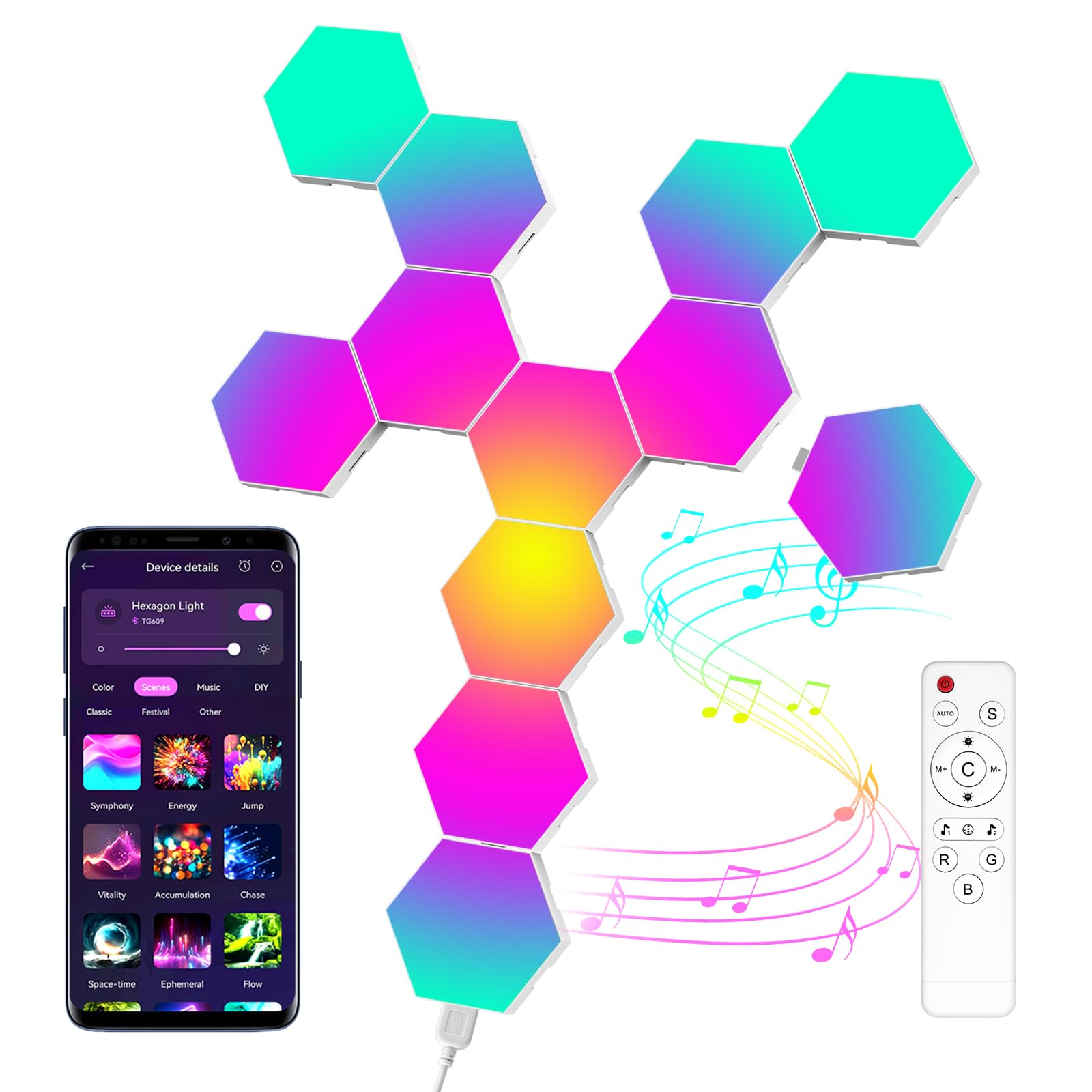 MeRGBW-Home 12 Pannelli LED Hexagon Luminoso, RGB Hexa Luci a Muro per Interni con APP, Cambia Colore a Ritmo di Musica, Lampade da Parete Esagonale per Gaming, Cameretta, Soggiorno, Sala Giochi