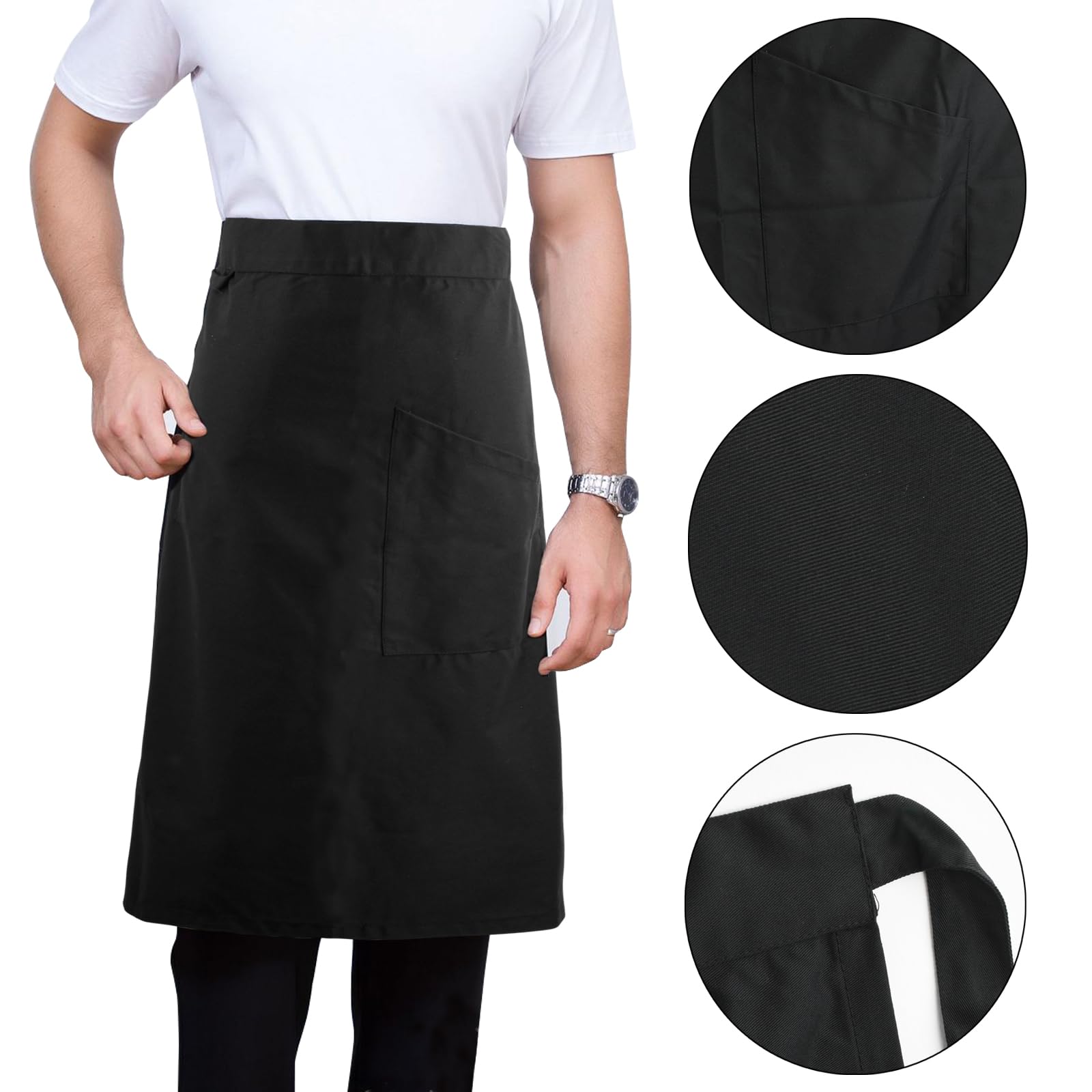 Medio Delantal con Bolsillos para Hombre y Mujer, Mandil Camarero, Medio Largo Cintura Larga para Chefs, Unisex Antimanchas para Restaurante y Bar, 70x70cm