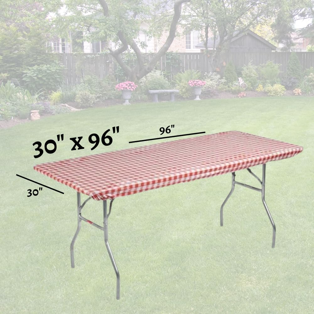 Kwik-Covers Rectangular Plastic Table Covers 8' Bundle of 5 with Seventy (70) Ohm Commerce Paper Napkins - Indoor or Outdoor Fitted Table Covers (Table NOT Included) (30x96, Red Gingham)