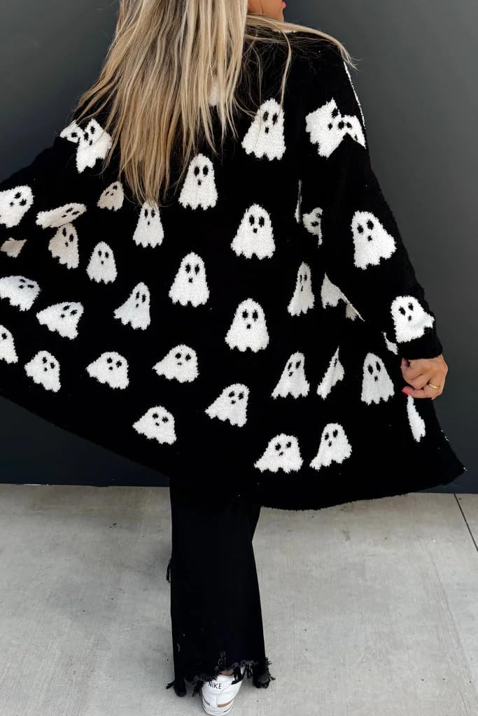 Women's Halloween Ghost Pattern Cardigan Long Sleeve Open Front Fuzzy Fluffy Outwear Coats