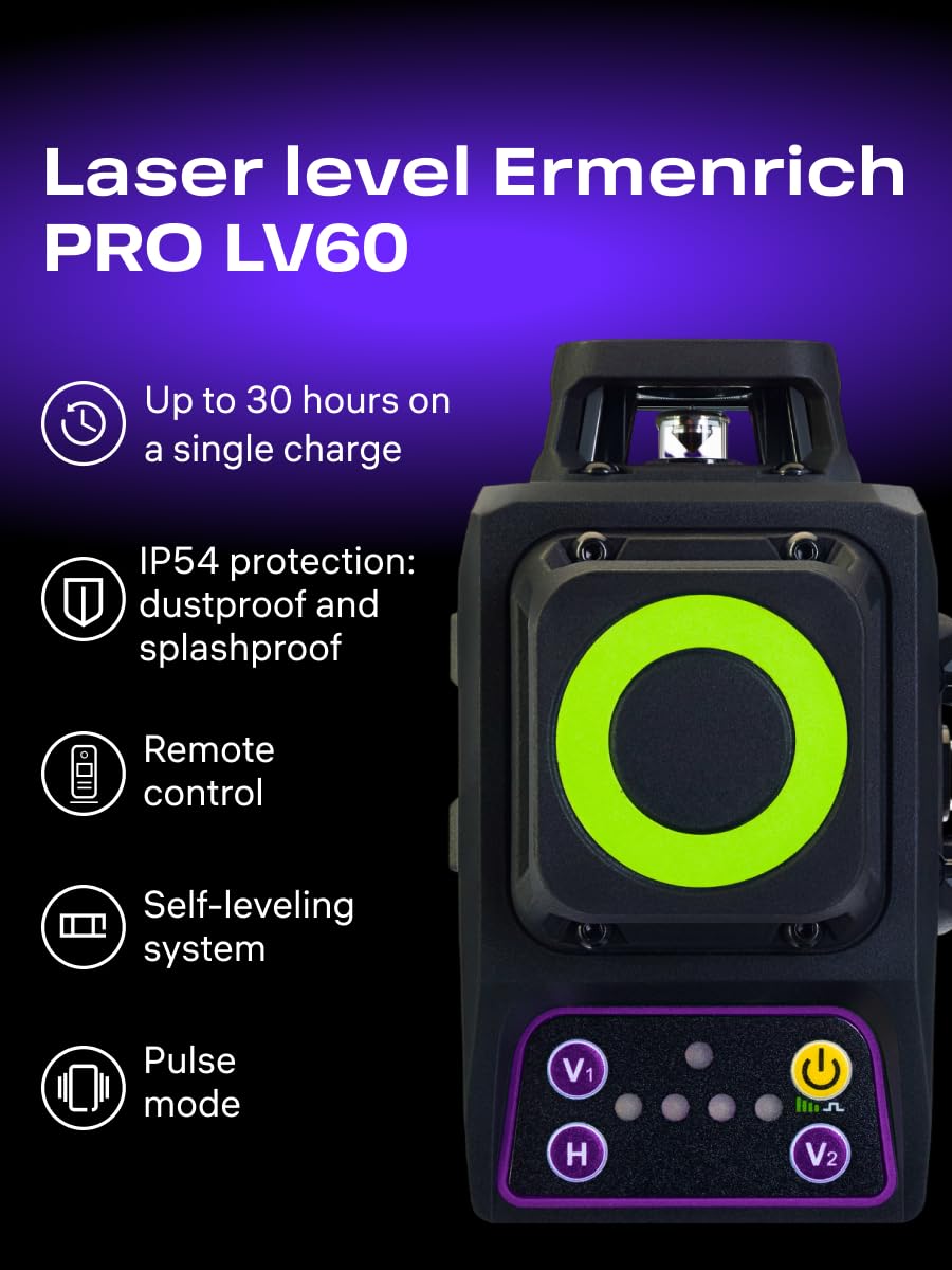 PRO LV60 Livella Laser Autolivellante 12 Linee 3x360° Laser Verde | con Telecomando Base Treppiede Supporto Magnetico e Rotante Batteria Ricaricabile IP54 Impermeabile Piastra Target Borsa
