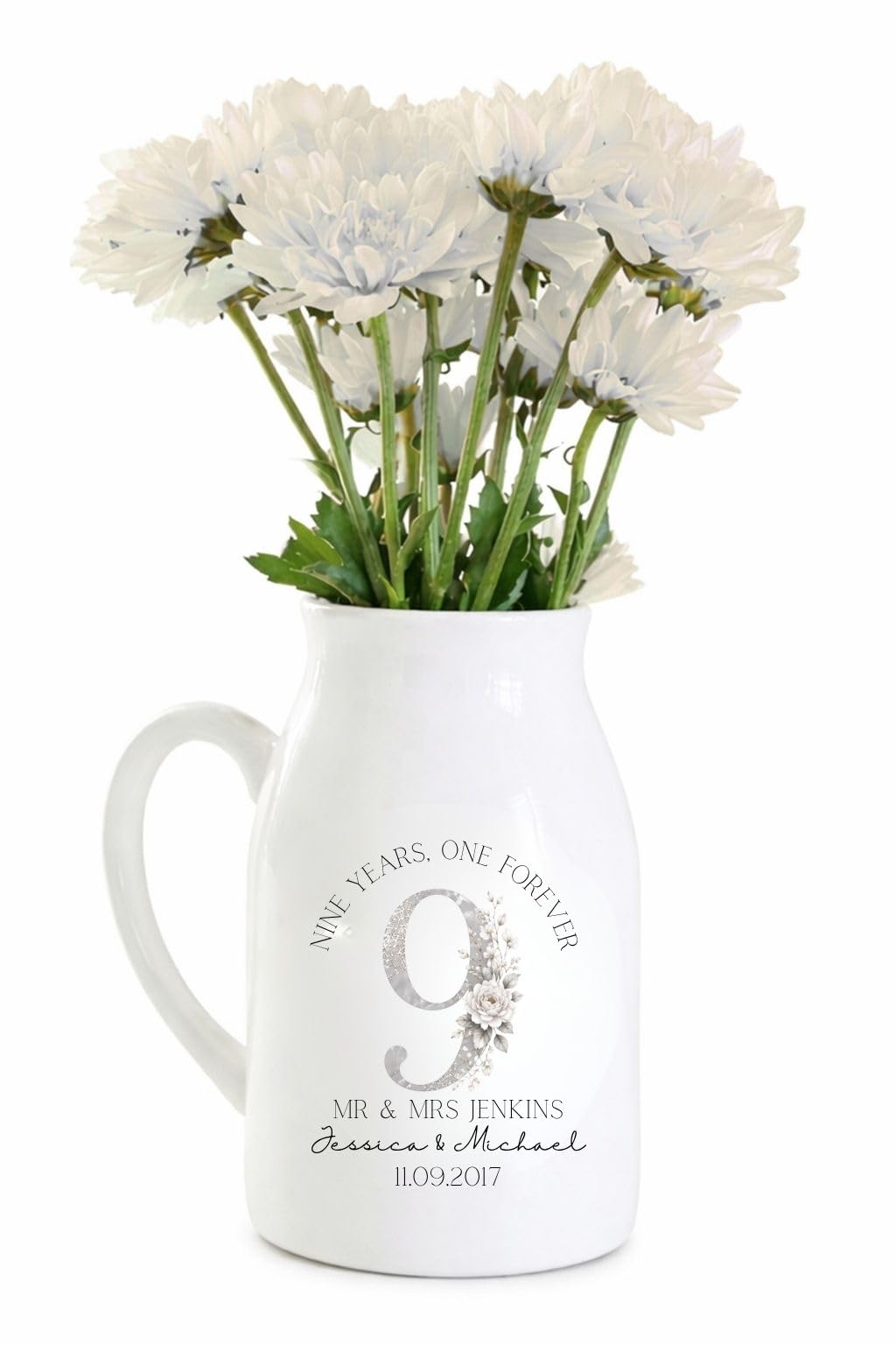 UNIQUEPGIFTS Personalised 9 Year, Wedding Anniversary Vase, Small Flower Jug, Couple Anniversary Keepsake, 12.5cm
