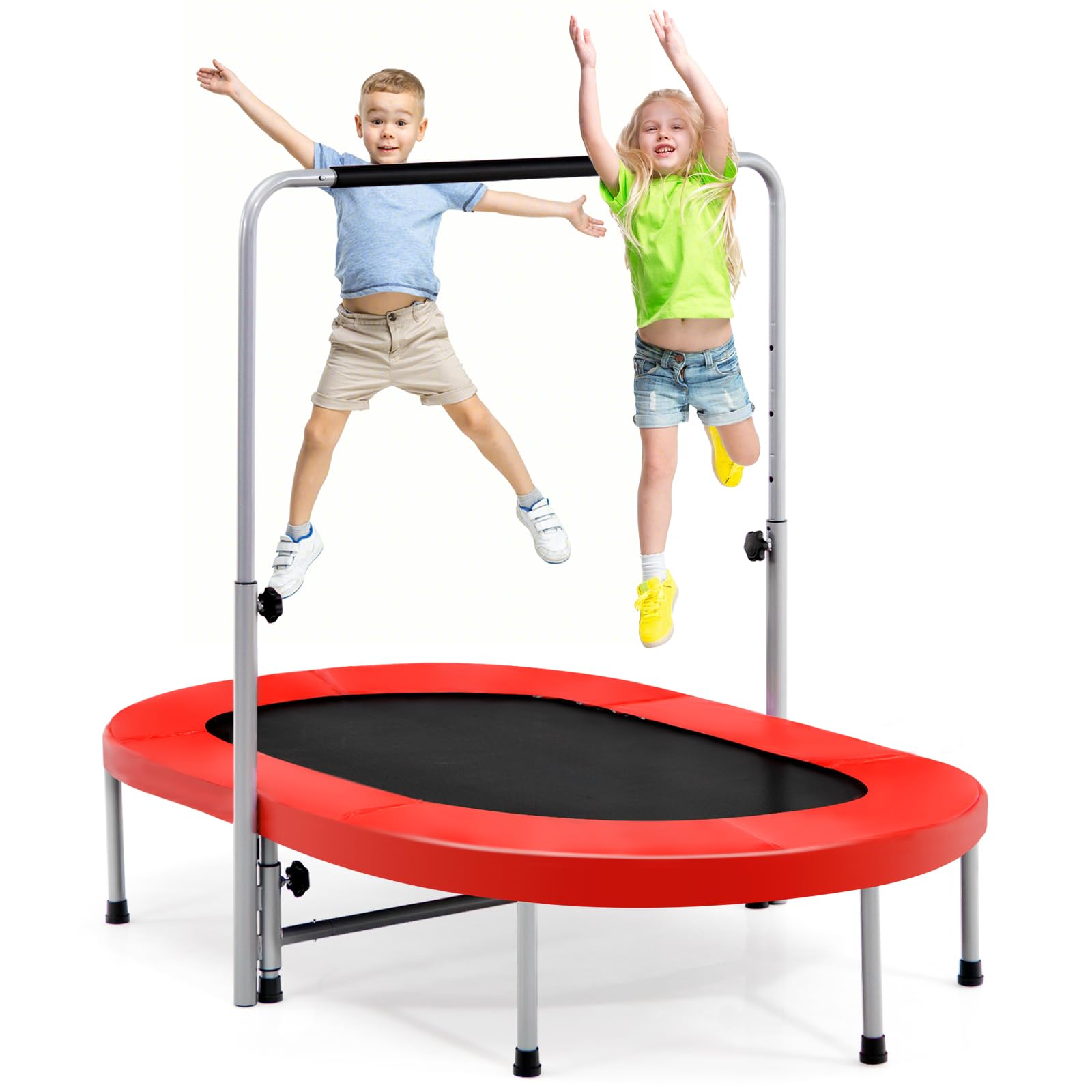 SPOTRAVEL 60โโ Kids Trampoline, 2 Persons Foldable Fitness Rebounder Trampoline with Height Adjustable Handrail & Padded Protective Cover, Indoor Outdoor Exercise Jumper for Adults Toddler (Red)