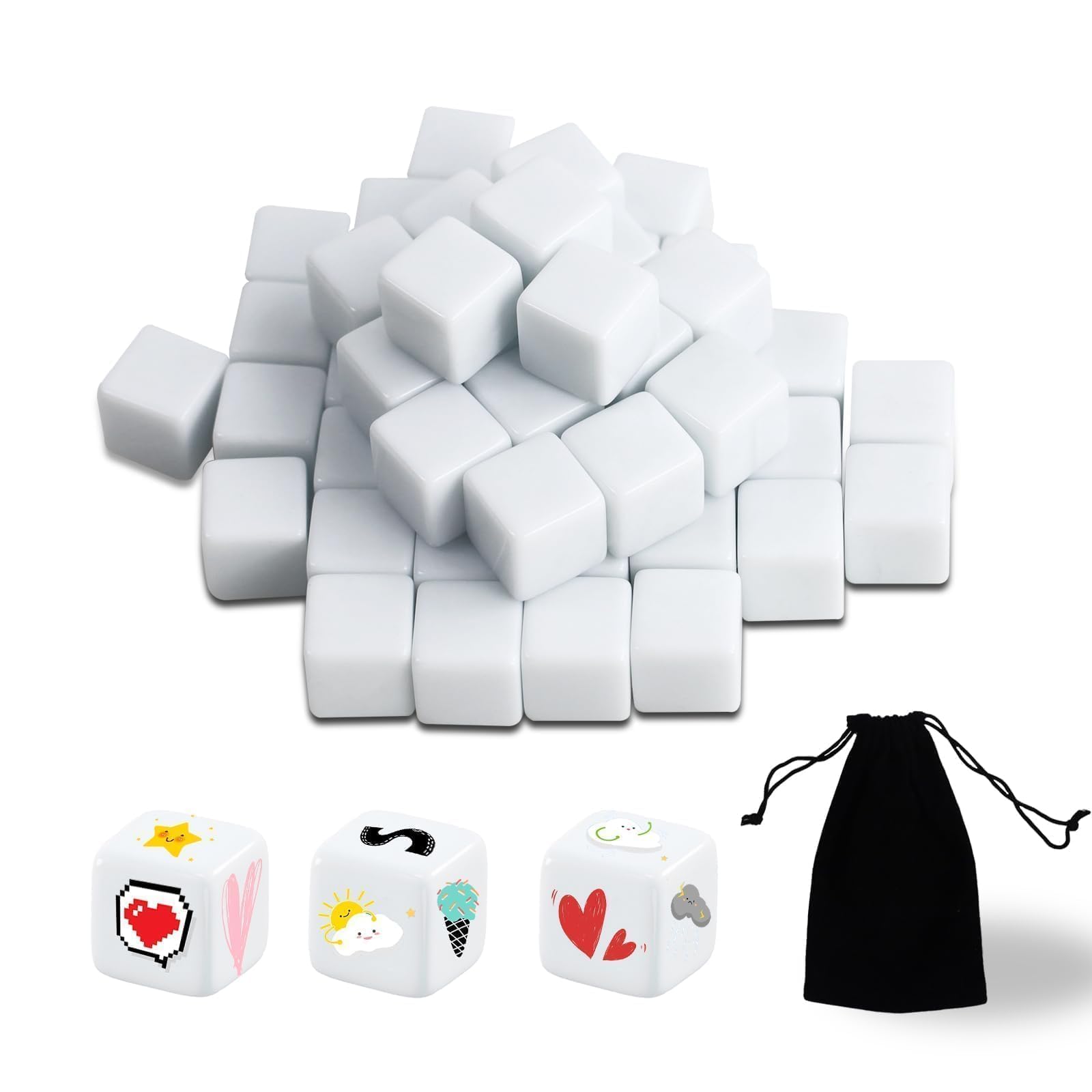 QUTHZZHY Dés vierges blancs, 5 dés vides arrondis, dés vierges de 30 mm, cubes de jeu 6 côtés, autocollants DIY vierges pour la peinture, dés pour jeux de société, bricolage, plaisir de
