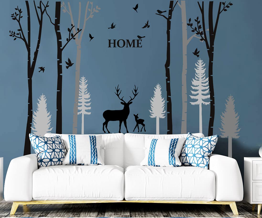 Giant Tree Wall Sticker - 11 Large Tree and Deer Decals, Woodland for Livingroom Baby Nursery Decor for Kid Baby Nursery Room Decoration Gift,72x102 Inch(Black +Gray)