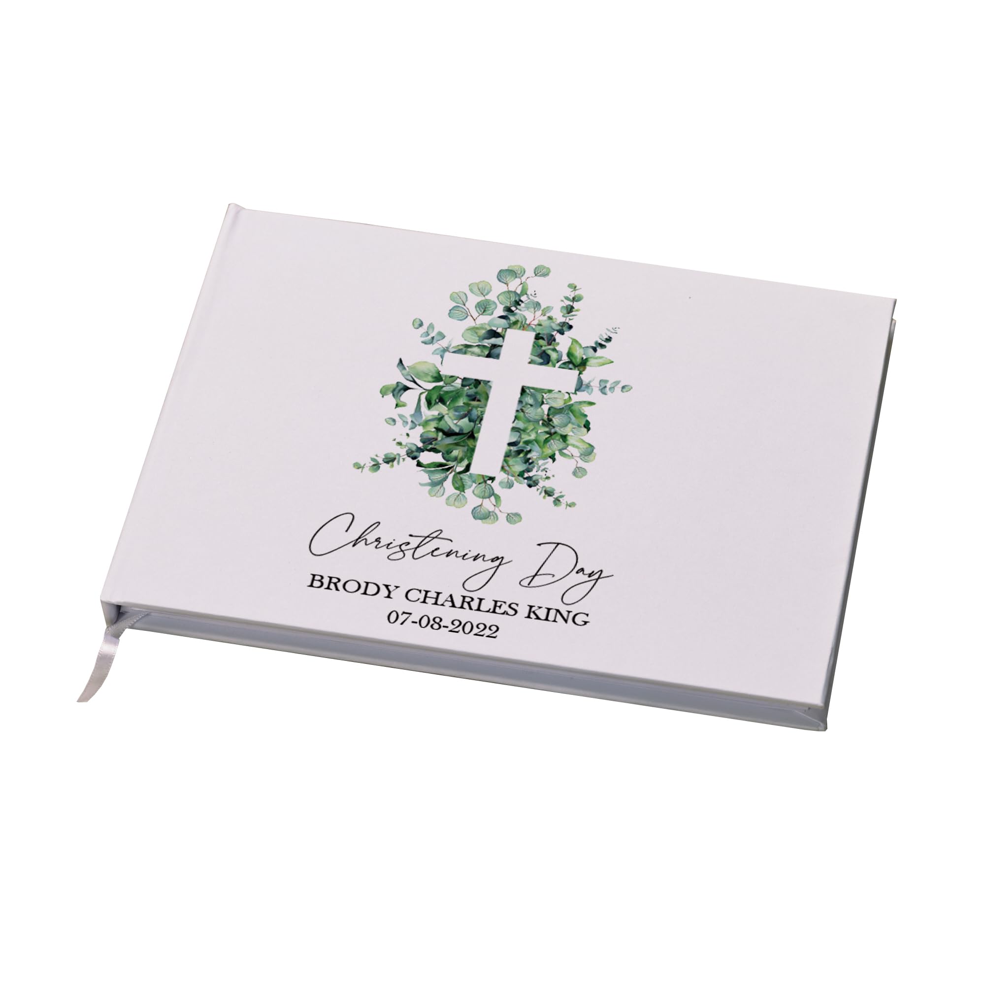 Ukgiftstoreonline White Personalised Christening Guest Book Eucalyptus And Cross