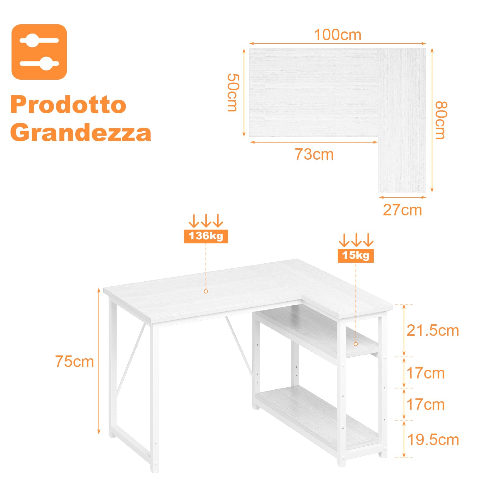 TRIUMPHKEY Scrivania ad Angolo Reversibile 100 x 80cm, Scrivania a Forma di L con Ripiani,Tavolo da Lavoro,Struttura in Acciaio, per Computer, Ufficio, Studio and Soggiorno, Marrone rustico