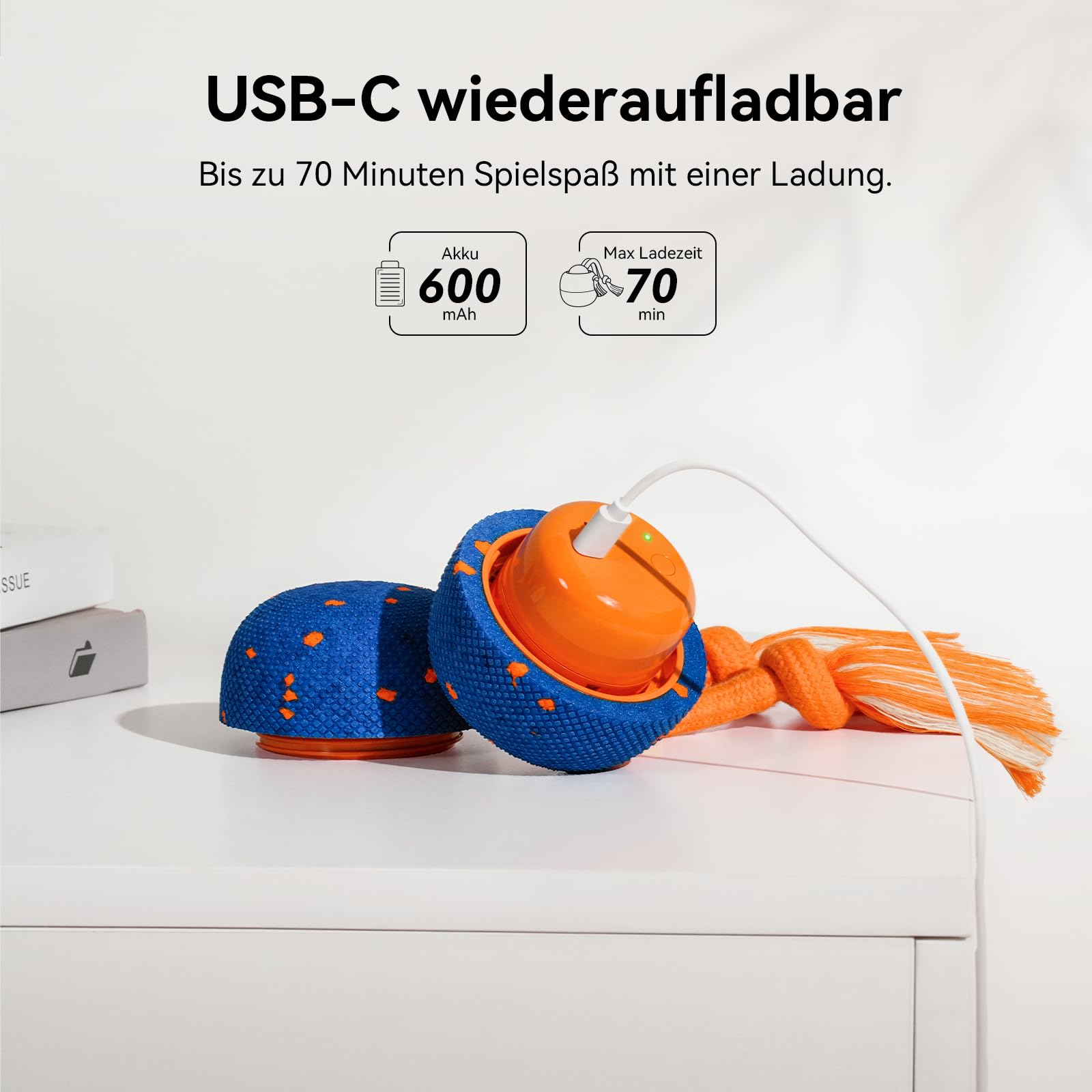 Cheerble Interaktiver Hundeball - Wicked Ball Rolly mit Seil & Bellen, Intelligentes Interaktives Hundespielzeug mit 3 Spielmodi, E-TPU, USB-C aufladbar, Geeignet für kleine bis große Hunde, Blau