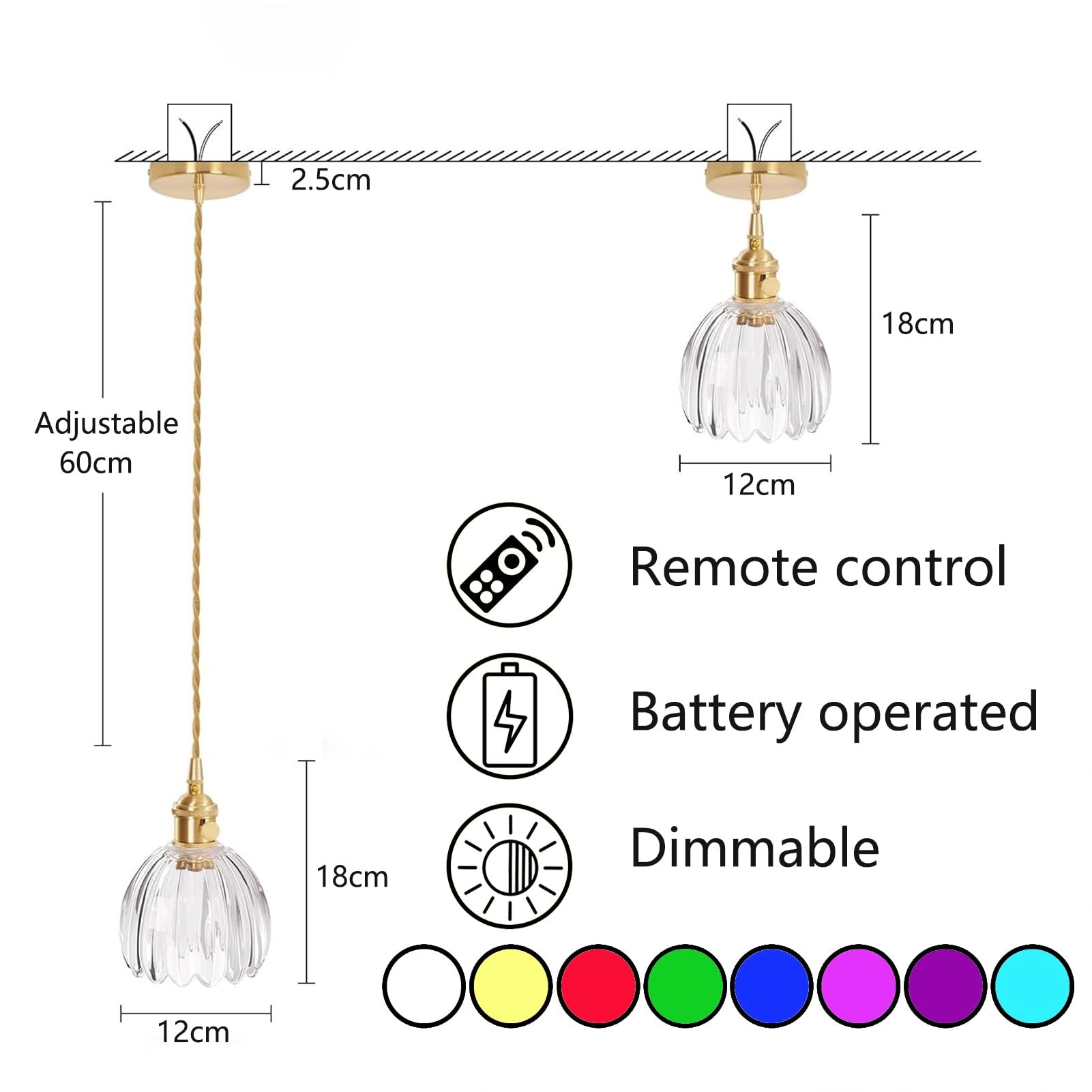 Glas Hängelampe mit Batterie und Fernbedienung, Wiederaufladbare LED-Hängeleuchte， Ohne Stromanschluss Hängelampen ，,dimmbare Retro Hängelampe Batterie, Dimmbare Pendelleuchte mit 6 RGB-Farben.(Clear)