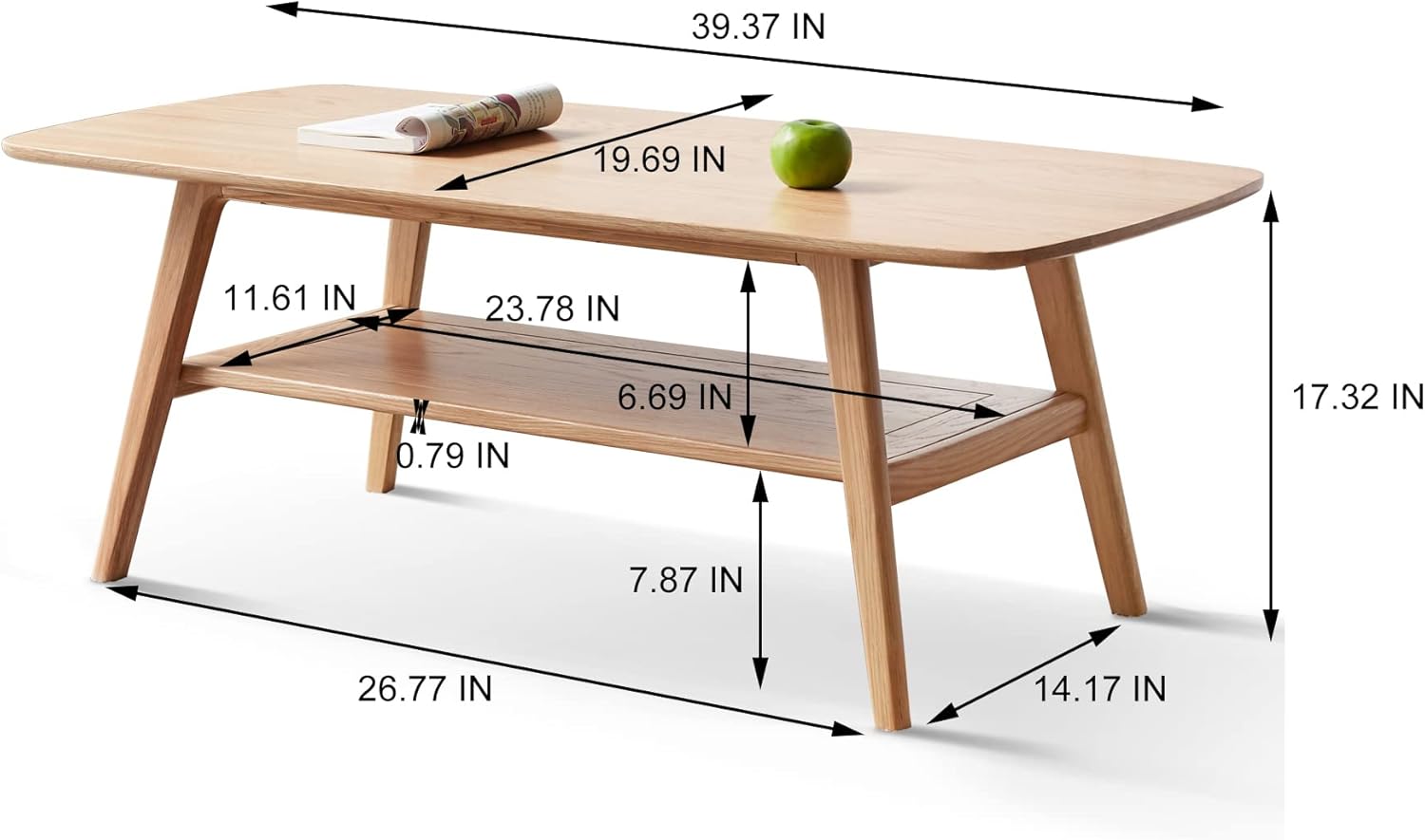 i-POOK Coffee Table, Natural Solid Wood Center Table with Storage Shelf and Open Tabletop 2-Tier Coffee Table Farmhouse Rustic Study Desk for Living Room, Easy Assembly, 39.37 * 19.69 * 17.32 Inch