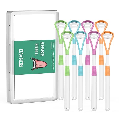 RONAVO Raspador de lengua (8 unidades), cepillado y raspado para cuidado bucal, limpiador de lengua 100% libre de BPA con estuche de transporte de