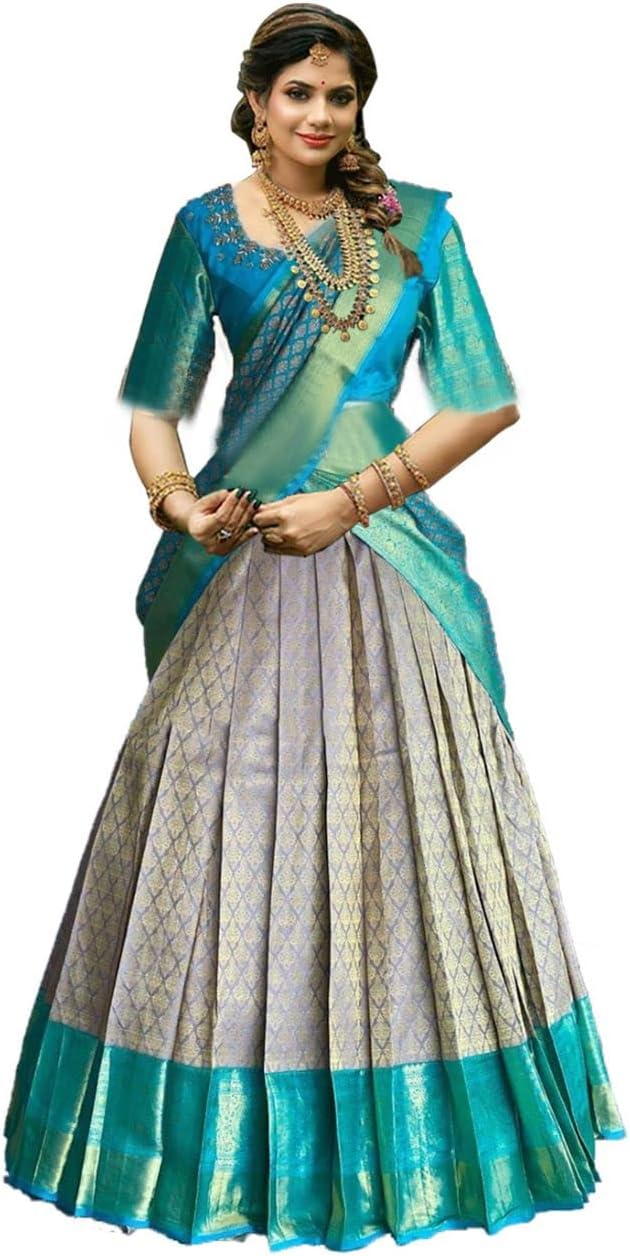 Women's Banarasi and Kanjivaram Soft Lichi Silk Traditional Lehenga Saree, Unstitched Lehenga Choli, Half Saree (Yellow Rani Pink)