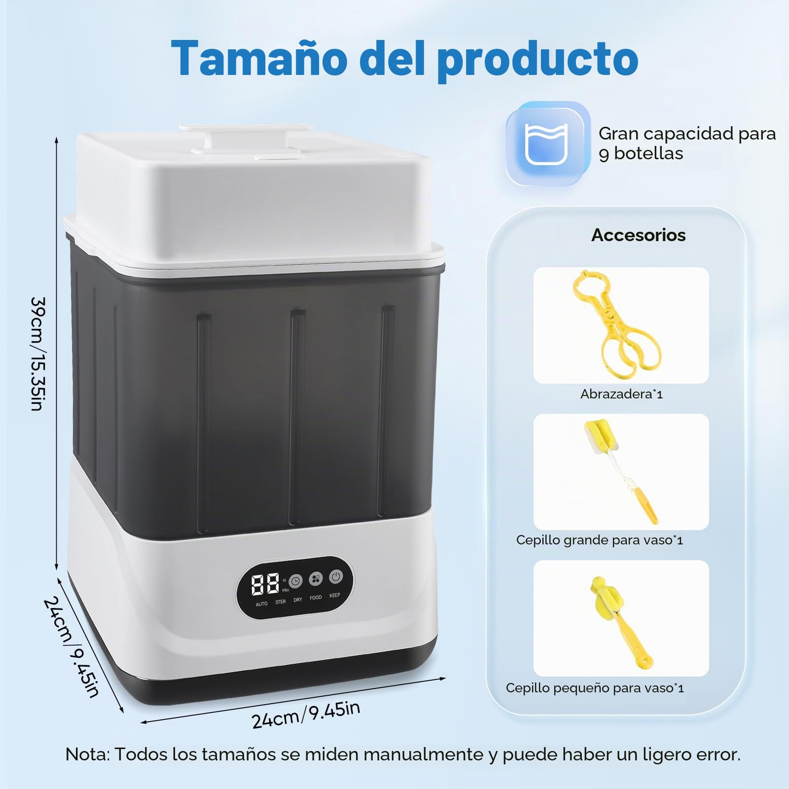 Esterilizador eléctrico para Hasta 9 Biberones,Esterilizador de Biberones con Secado,Gran Capacidad para Biberones, Chupetes y Tetinas, Ultra rápido, Temporizador,Esteriliza y Seca