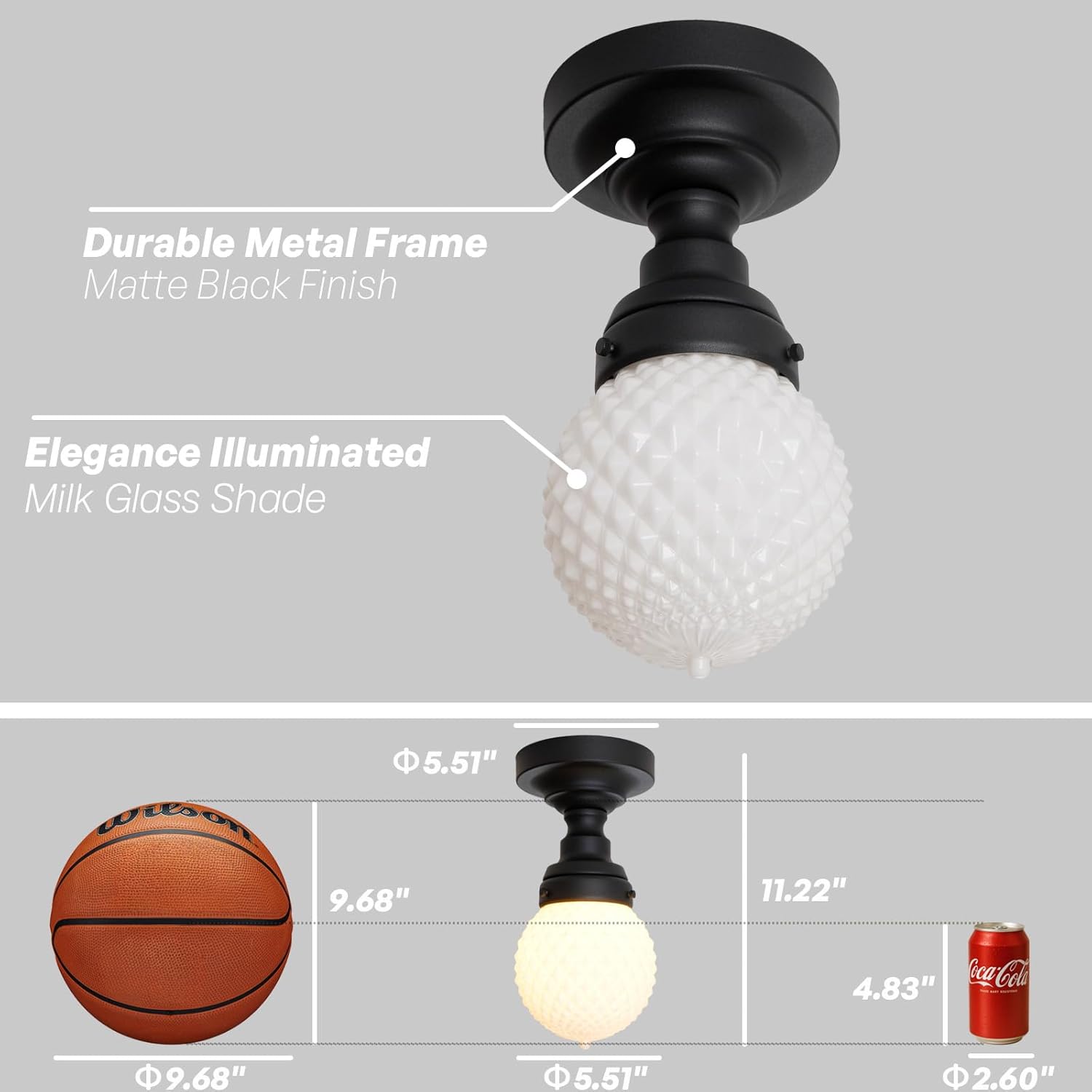 Modern Schoolhouse Semi Flush Mount Ceiling Light,Black Close to Ceiling Light Fixtures with Milky White Globe Glass Hallway Light Fixtures for Laundry Entryway Kitchen Bathroom E26