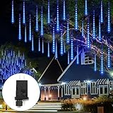 Meteors Shower 192 LED Falling Rain Lights, 8 Tubes 11.8 Inch Waterproof Christmas Plug-in Snowfall LED Outdoor for Tree Party Garden Yard Holiday Decoration, Blue