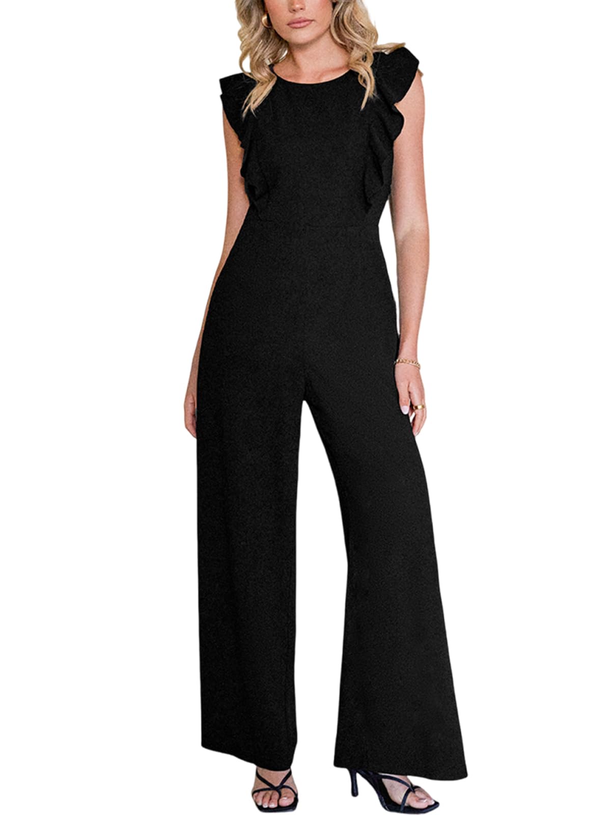 CUPSHE Tuta da donna con scollo rotondo e maniche svolazzanti, schiena scoperta, gamba lunga, casual, elegante