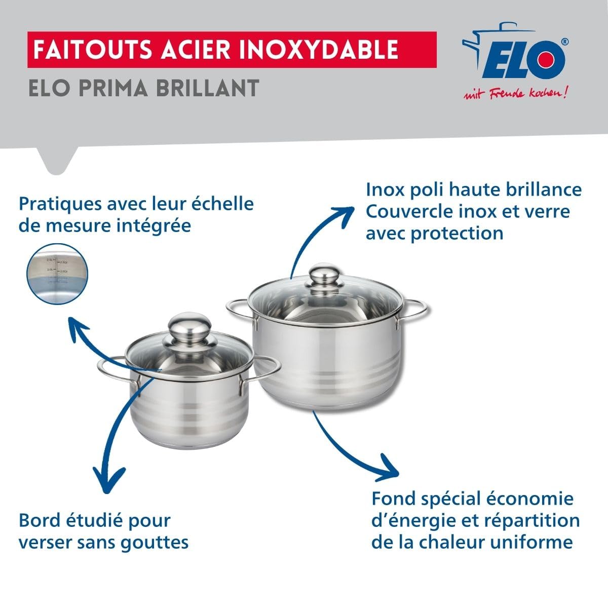 Elo Batterie cuisine 3 poêles 20/24/32 cm et 2 faitouts 16/20 cm