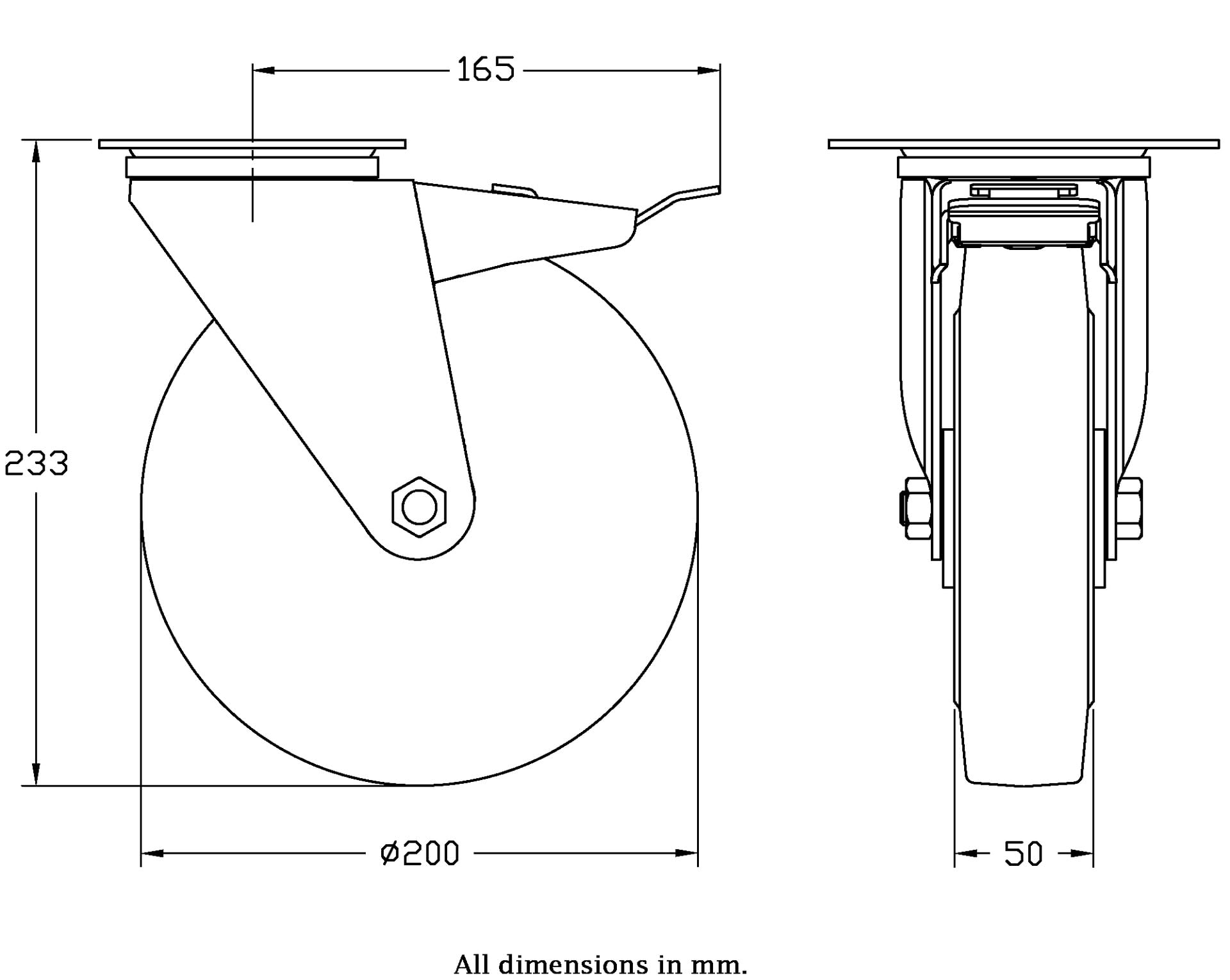 200 mm 8" kółko czarne gumowe obrotowe z hamulcem o dużej pojemności 350 kg