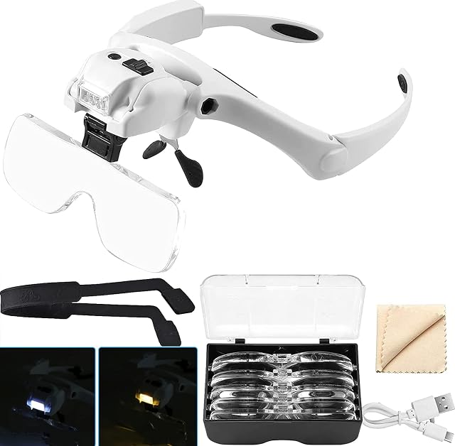 Headband Magnifying Glass,eSynic USB Charging Handsfree Magnifiers Rechargeable Head Mount Magnifier with Light and 5 Detachable Lenses(1.2X-4.5X) for Reading, Jewelry, Loupe, Crafts,etc.