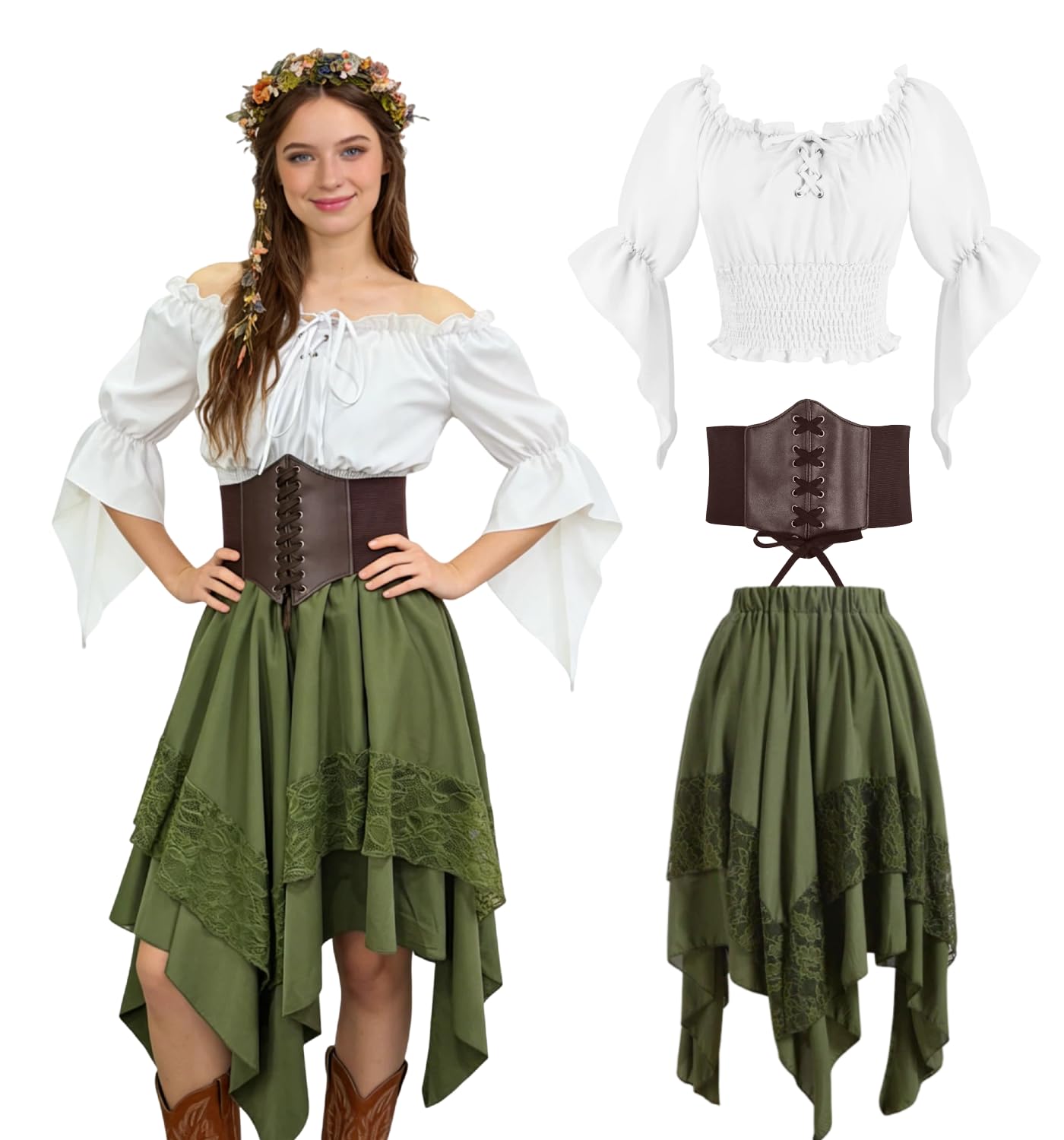 minkasic Medieval Costume Women Set Elegant Top, Skirt, Corset Belt for Renaissance Faire (Green, XL)