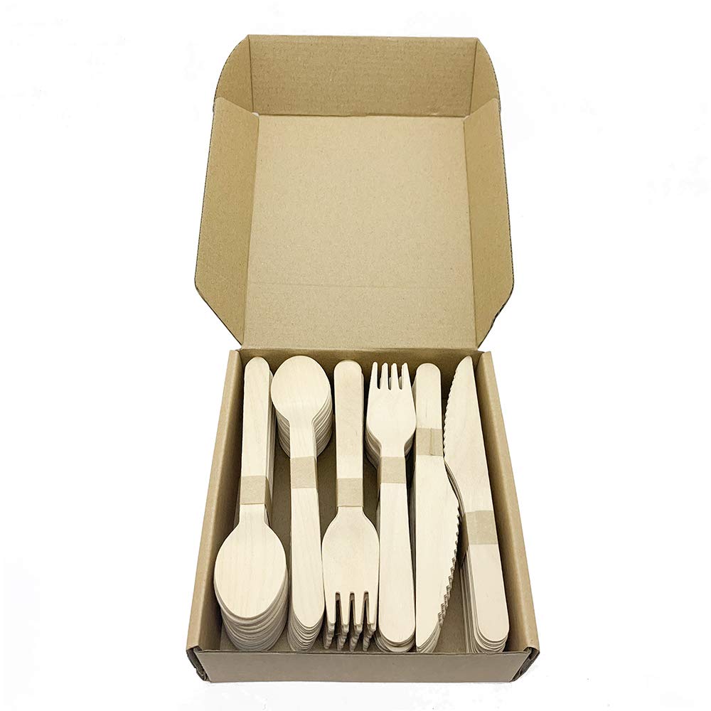 Set di 150 posate usa e getta in legno, biodegradabili, ecologiche, per barbecue, picnic, feste, 50 forchette, 50 cucchiai, 50 coltelli