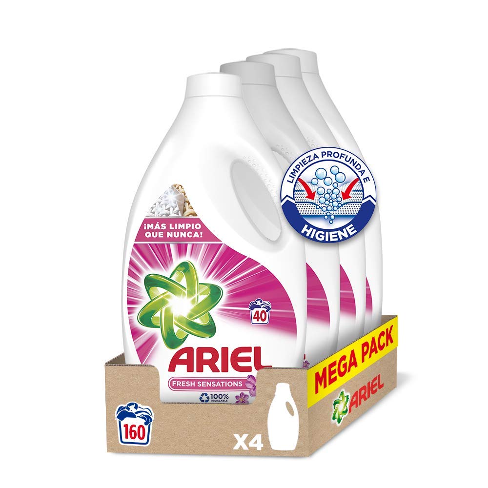 Ariel Detergente Lavadora Líquido, 160 Lavados, Fragancia Sensaciones, 4 Unidad (Paquete de 1)
