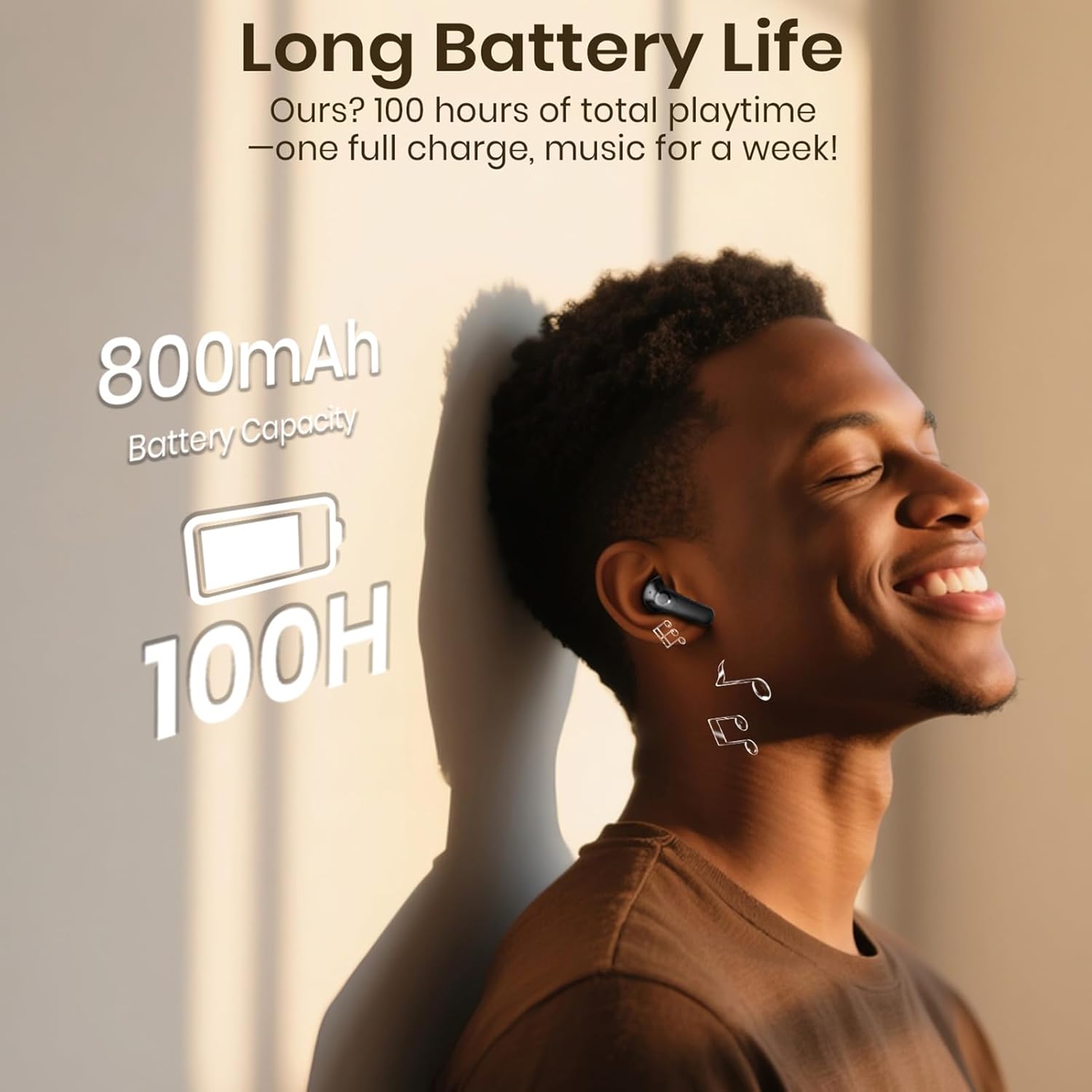 Man enjoying music with SIAWAG earbuds, highlighting 100 hours of total playtime and 800mAh charging case capacity.