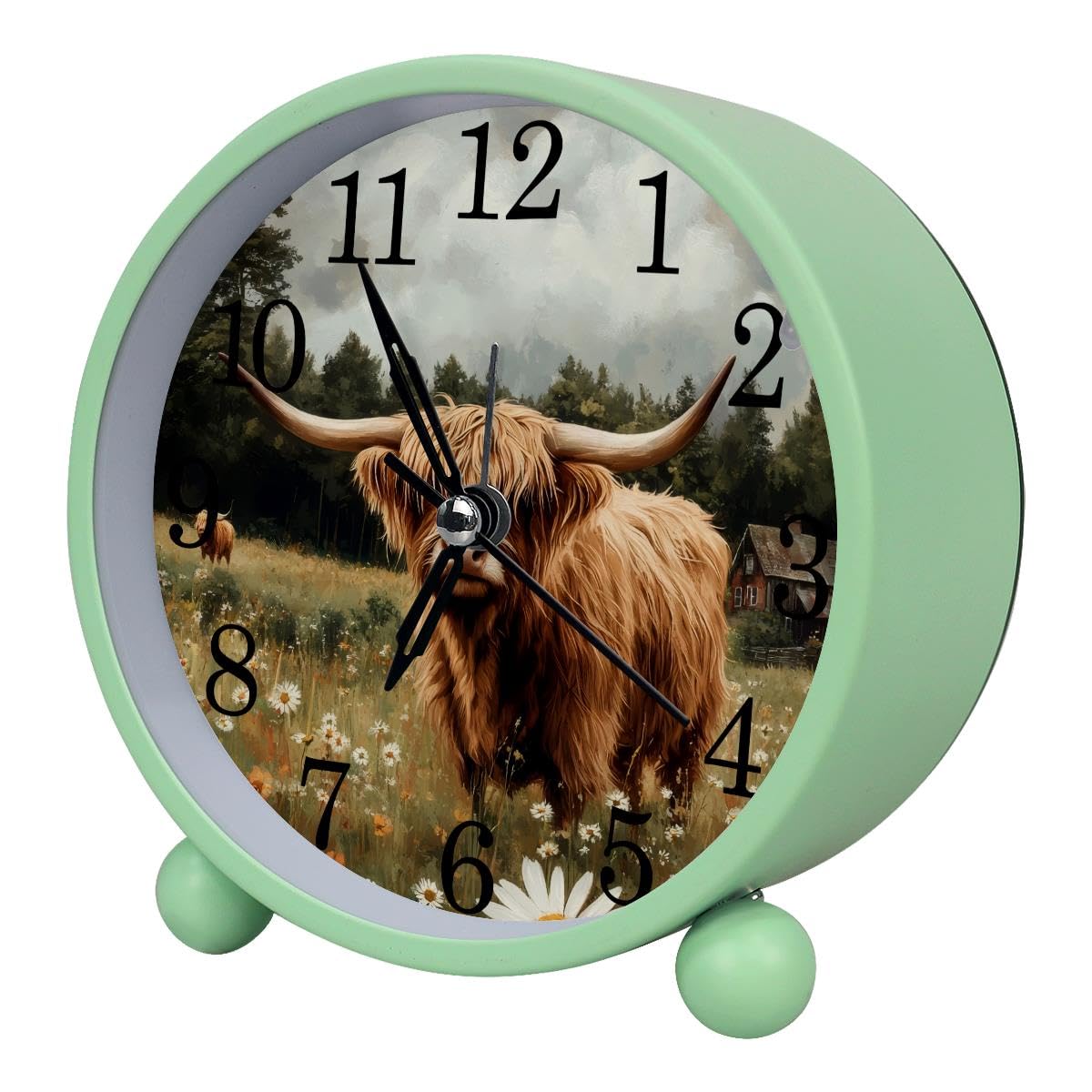 Luoweisi Alarm Clock Highland Cow Daisy Farmhouse, Silent Non-Ticking with Night Light, Round Metal Alarm Clock for Office, Battery Operated, Bedroom, Elderly, Adults, Children, Student Gifts