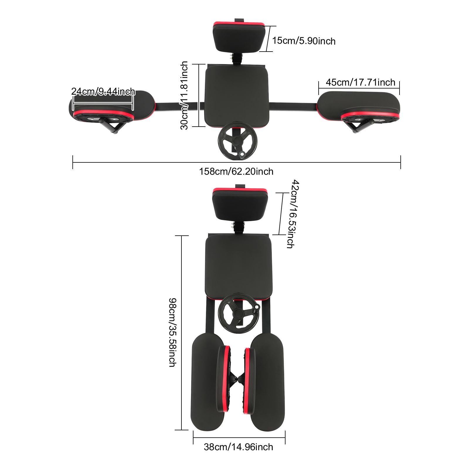 Macchina grande divario, divaricatori per gambe a 180°, carico 120 kg, con schienale e cuscino in PU,design delle ruote girevoli, per danza yoga ginnastica fitness casa, nero e rosso