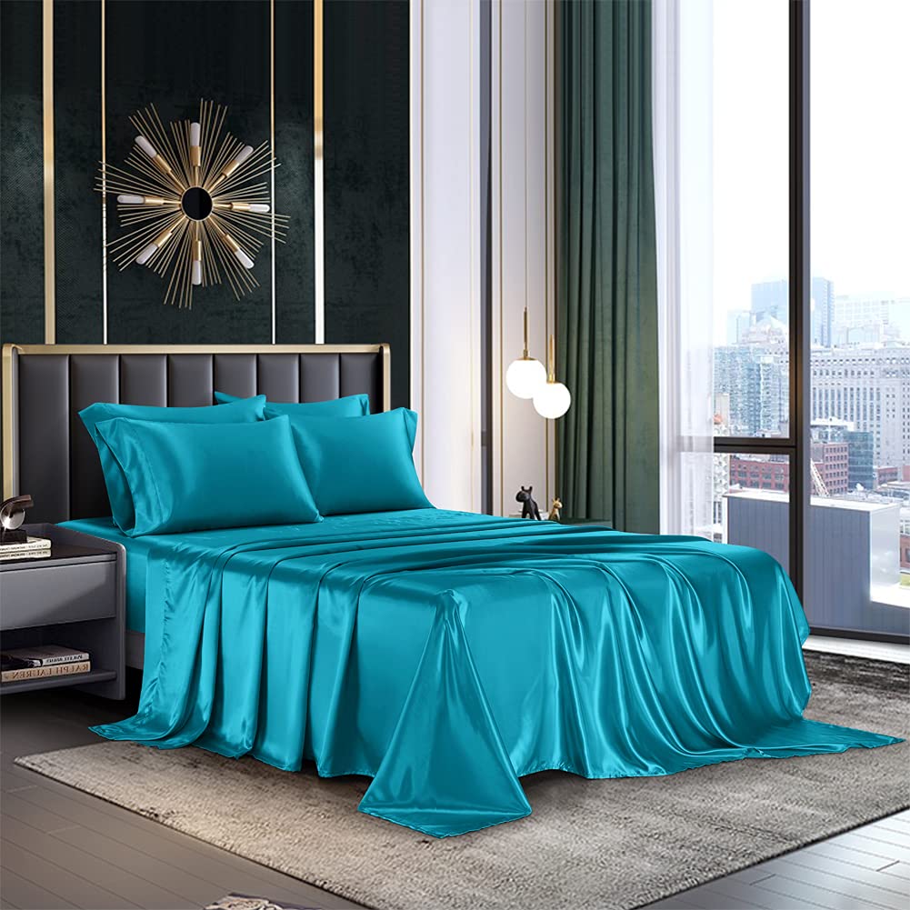 AiMay 6 Piece Satin Bedding Sheet Set King Teal Deep Pocket 1800 Series Luxury Rich Silk Silky Super Soft Solid Color 4 Pillowcases Honeymoon Wrinkle Free (King,Teal)