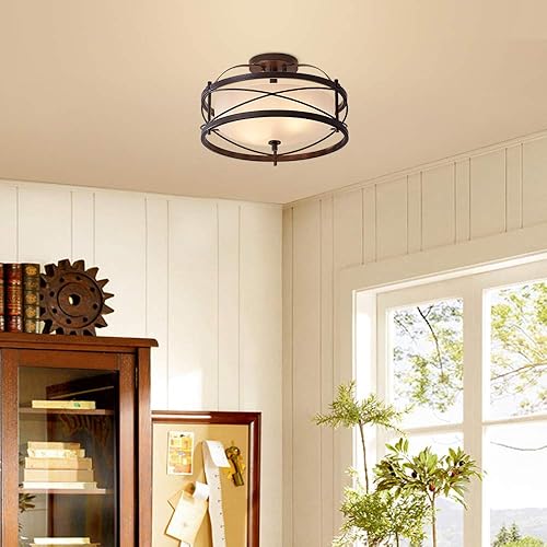 Miniatura 6 de Lámpara de tambor de entrada, lámpara de techo rústica semiempotrada para pasillo, sala de estar, dormitorio, cocina, acabado de bronce antiguo