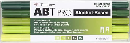 Tombow 56971 ABT PRO - Marcadores de alcohol, tonos verdes, juego de 5 colores, doble punta, marcadores de arte permanentes con puntas de cincel y
