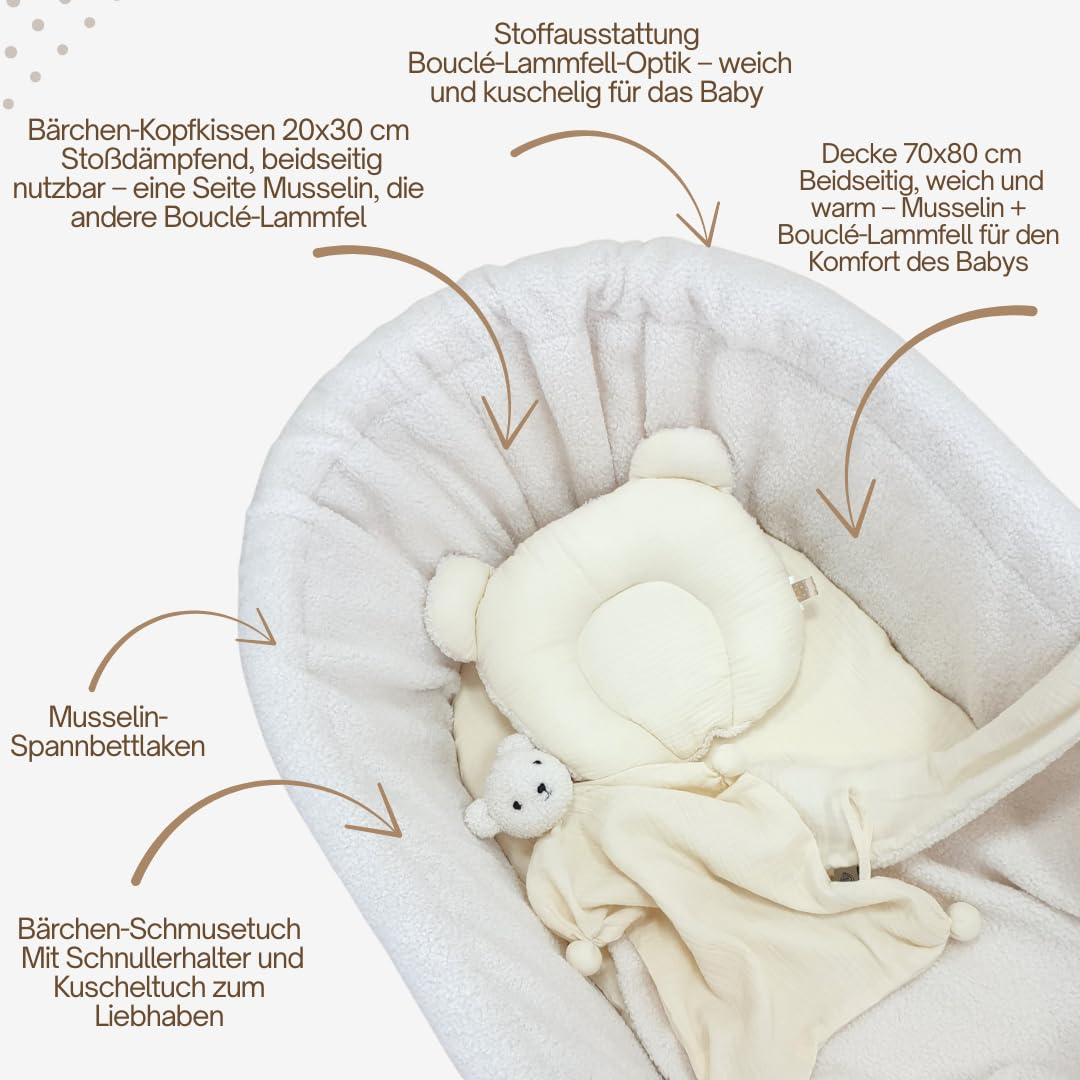 Łóżeczko dziecięce Amelia – ręcznie tkany Mojżesz z materacem i materacem – 5-częściowy zestaw pościeli Teddy Ecru – przenośny wózek na kółkach – idealny dla noworodków