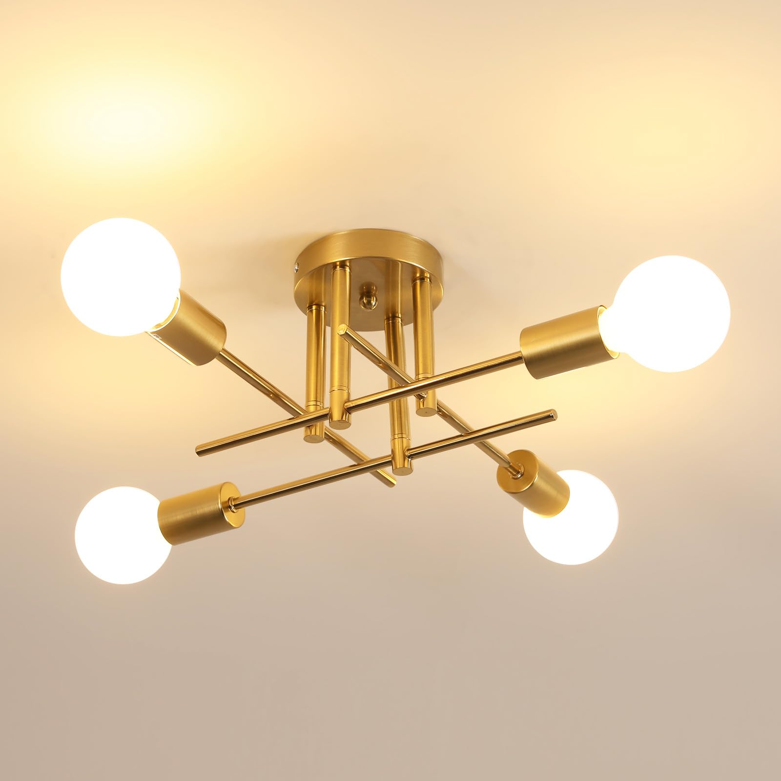 Comely Deckenlampe Vintage 4-Flammig, Industrielle Deckenleucht Gold mit E27-Fassung, Kronleuchter Retro für Wohnzimmer Schlafzimmer Esszimmer Flur