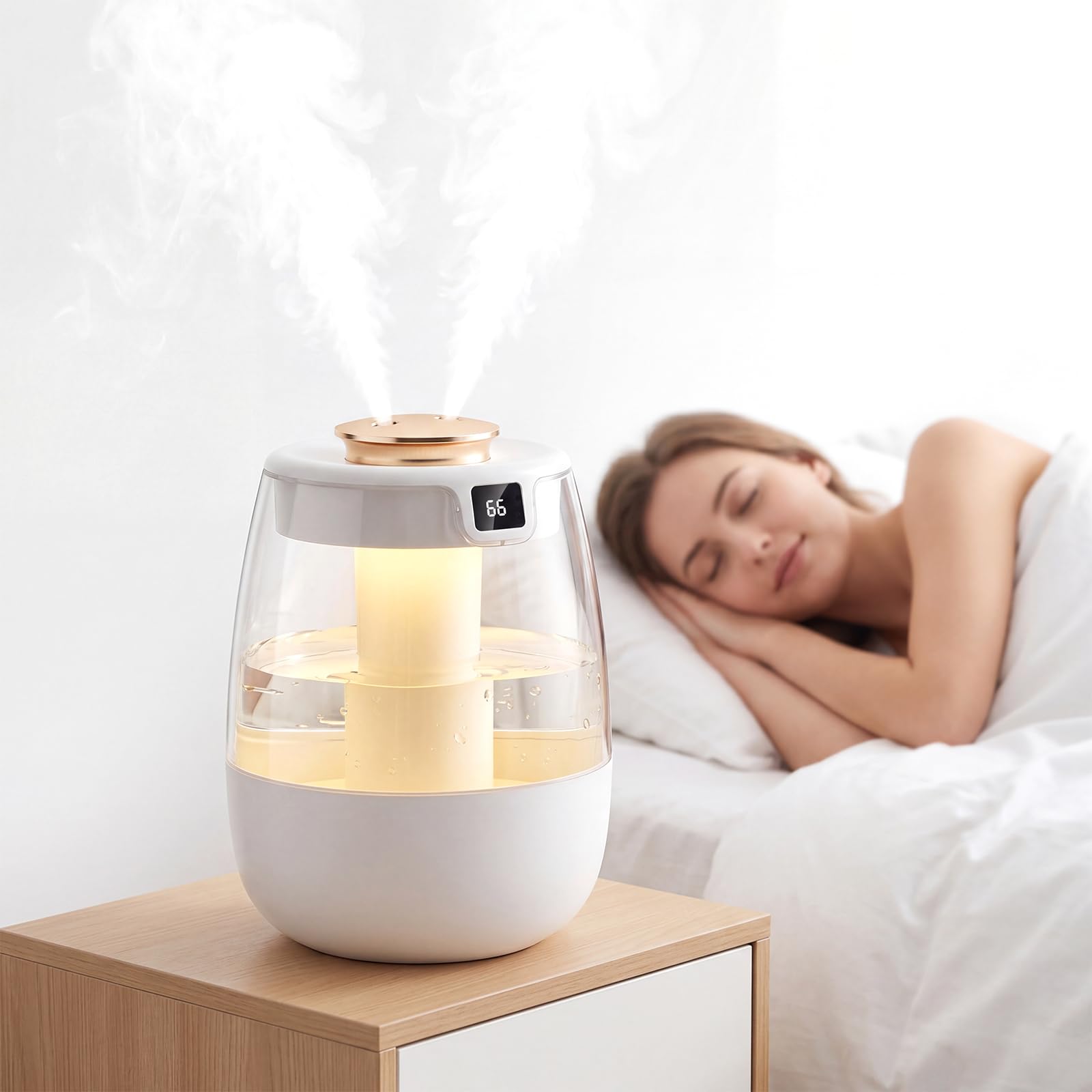 Humidificador de aire de 1,3 L con sensor de humedad y doble puerto de pulverización, fabricante de niebla fría, humidificador de luz nocturna USB de ruido ultrabajo para uso doméstico y de oficina