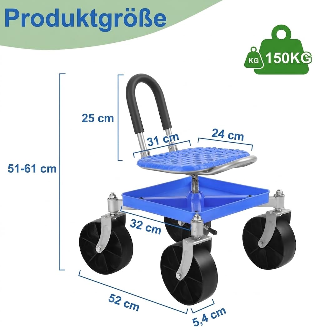 Gartensitz mit Rollen Garten Rollsitz – 360° Schwenkfunktion & Höhenverstellung, Werkzeugablage für Gärtner Senioren bei Gartenarbeit (Lenkrolle)