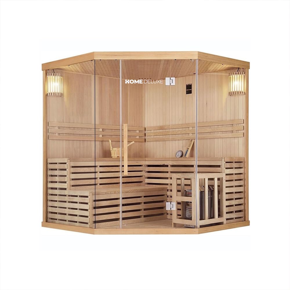 Home Deluxe - Traditionelle Sauna - Skyline XL Big - 200 x 200 x 210 cm - für 2-6 Personen, Hemlocktanne, inkl. Saunaofen, Saunazubehör I Dampfsauna Aufgusssauna Finnische Sauna Bio Sauna