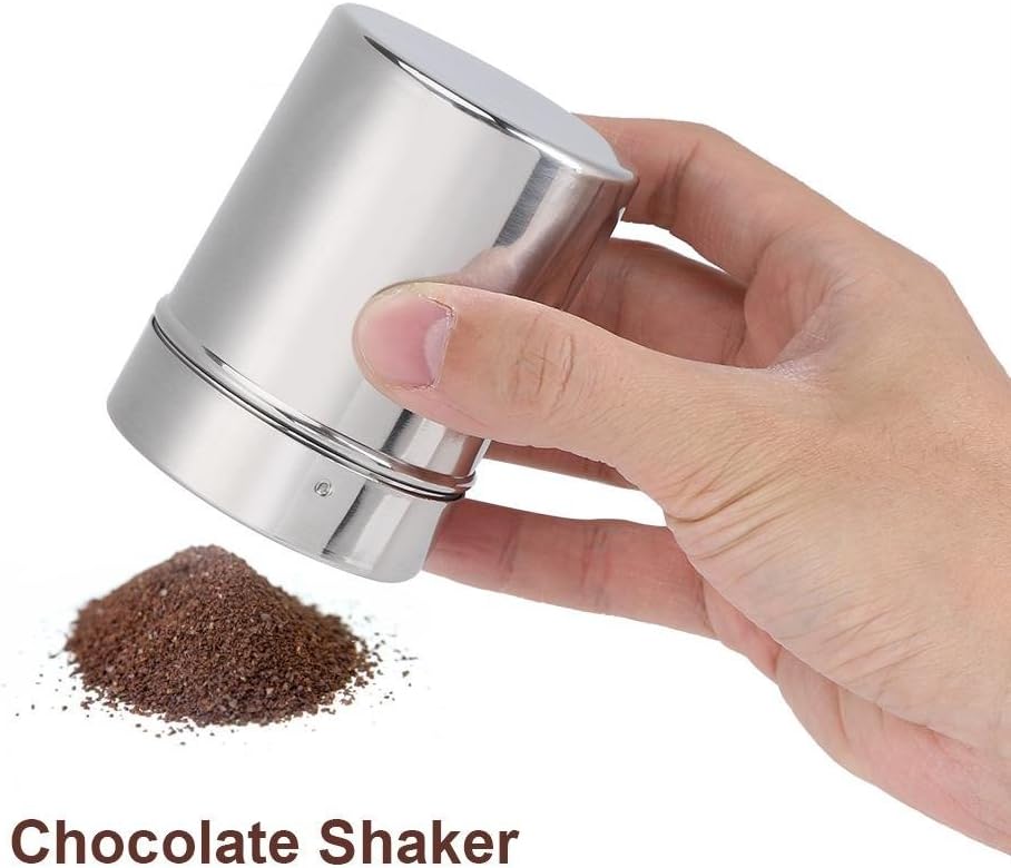 Fdit Stainless Steel Chocolate Shaker Icing Sugar Powder Cocoa Flour Coffee Sifter Dredge Duster Seasoning Cooking Tools Fine Mesh with 16pcs Coffee Stencils Cappuccino Latte Art(Coffee Shaker)