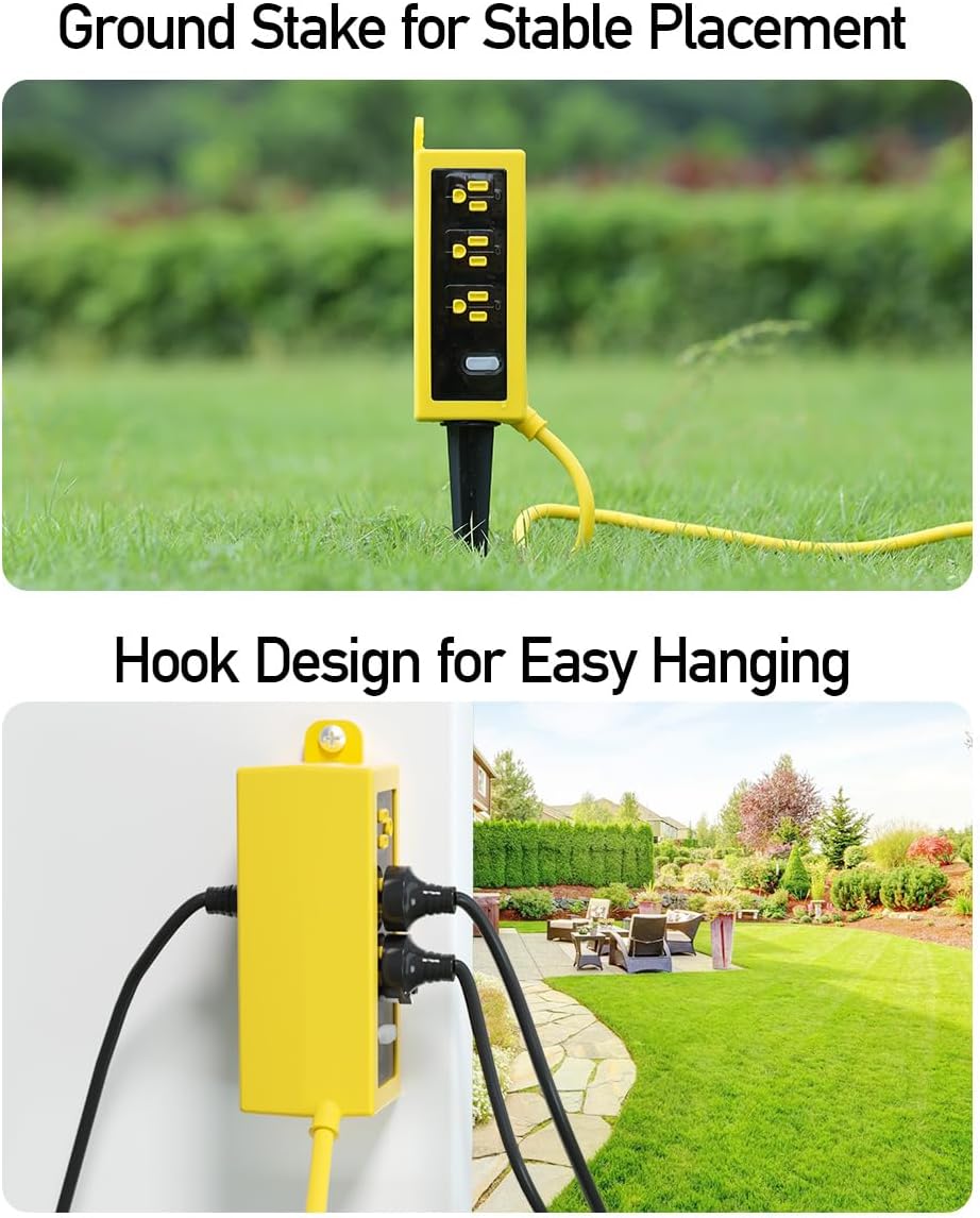 Outdoor Power Strip Weatherproof, ZZJ IP69 Grade Waterproof Surge Protector, 25 FT Outdoor Extension Cord with Stake, 6 AC Outlets,14 AWG Heavy Duty Cord for Outdoor Patio Garden-Yellow