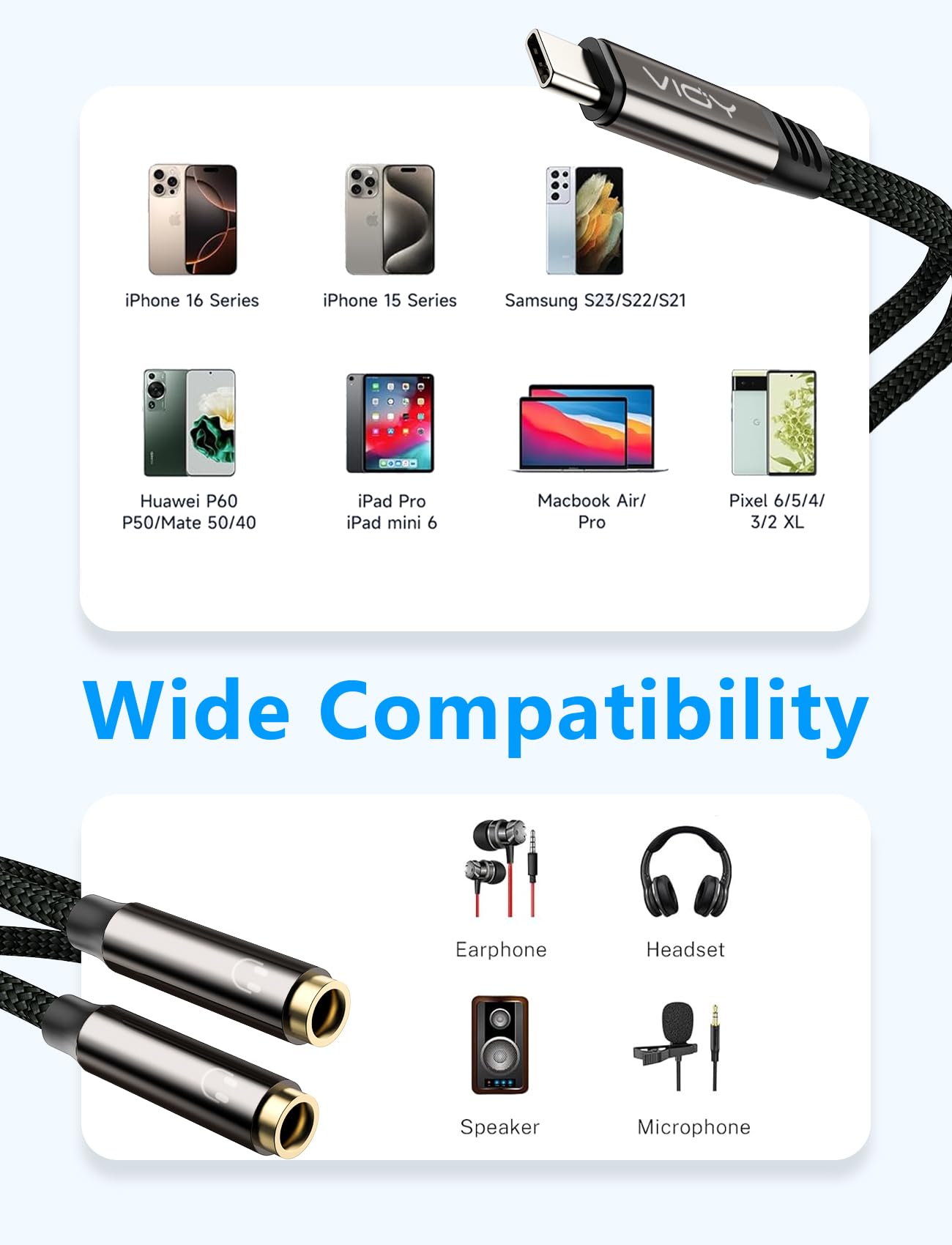 VIOY USB C to Dual 3.5mm Female Headphone Splitter, Type C to Headphone Audio Jack Adapter 2 Way Compatible with iPhone 16/15 Plus Pro Max, iPad Air Pro, Galaxy S24/23 Ultra, Pixel 7/6 and More