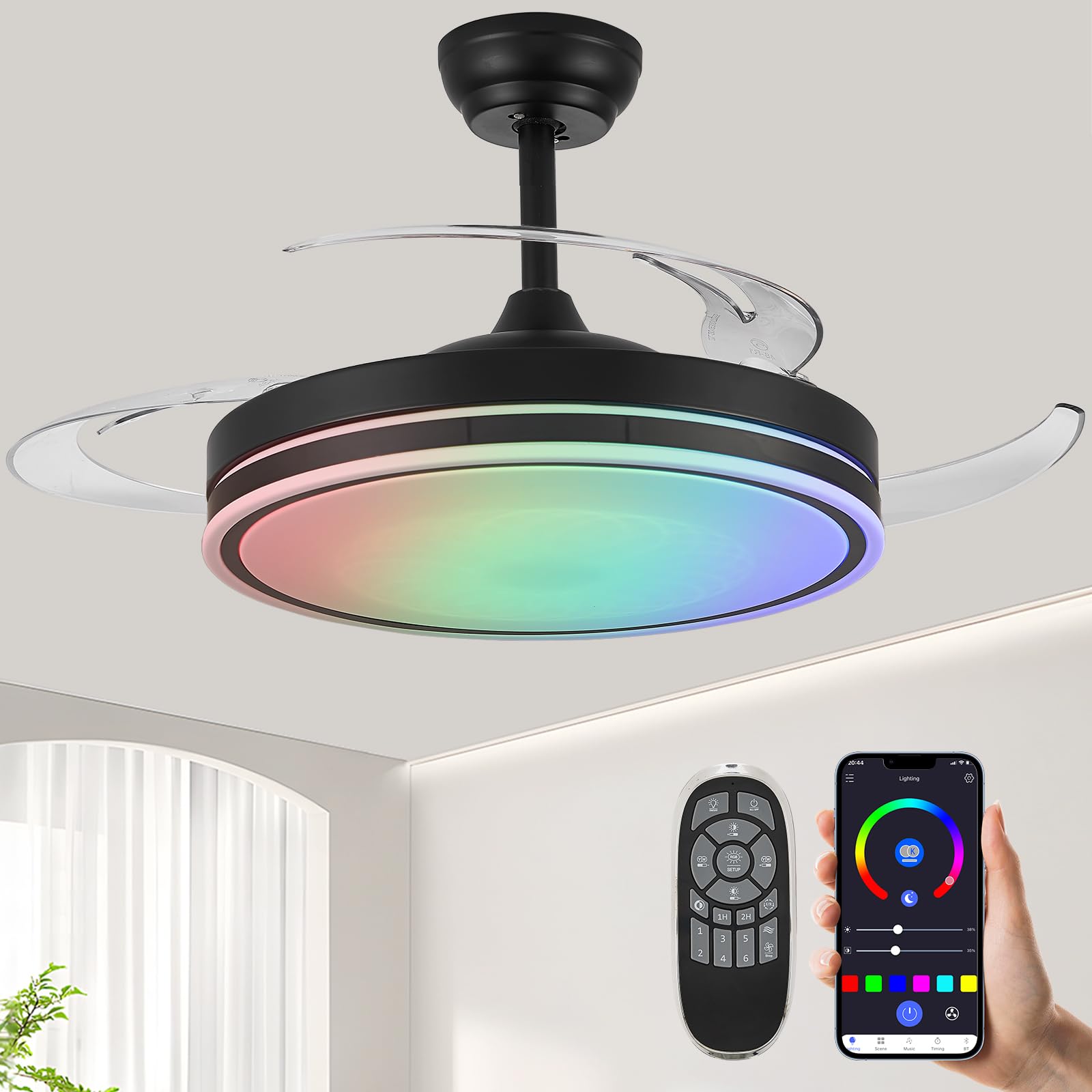Photo 1 of Zynfandor 48" Retractable RGB Ceiling Fan with Light, Build-in Speaker Modern Fandelier 6 Speeds Retractable Blades Dimmable Chandelier Ceiling Fan with Remote App Control Memory Timer Black