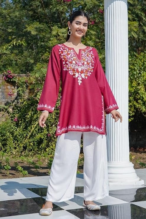 Image of Women's Magenta Embroidered Kurti with Floral Yoke Design