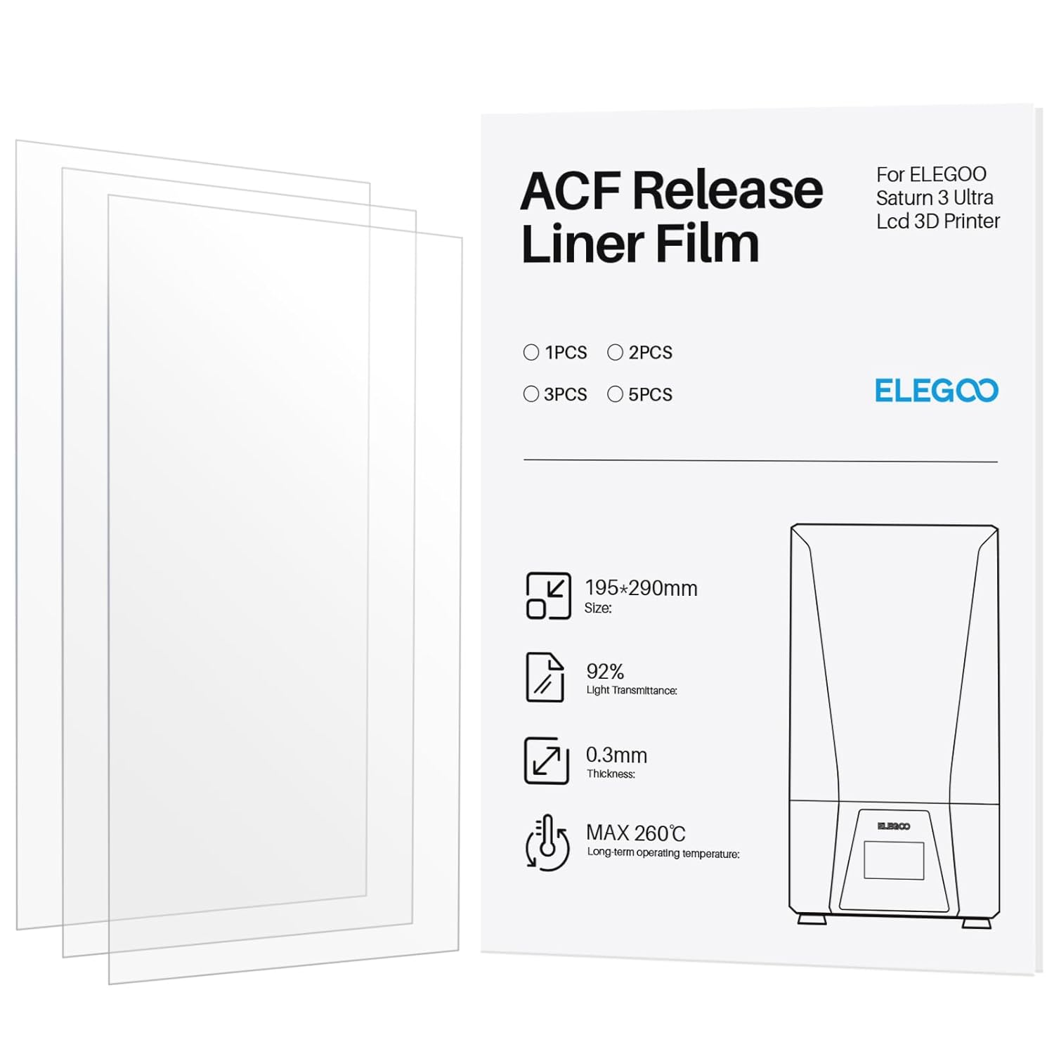 ELEGOO 3 PCS ACF Release Liner Film for Saturn 3 Ultra Resin 3D Printer, Faster Printing, 290mm*195mm, Thickness 0.3mm