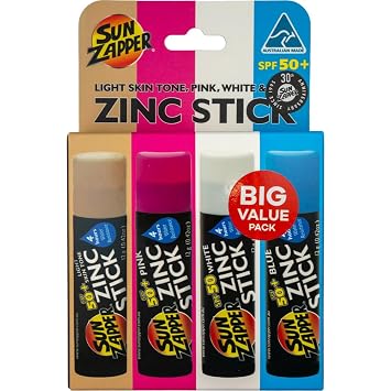 Sun Zapper Zinc Sunscreen Stick Beach 4-Pack SPF 50+ Mineral Sunscreen Sticks for Face, Water Resistant Zinc Sunblock for Kids and Family, Travel Size 12g 0.42 oz, Australian Made