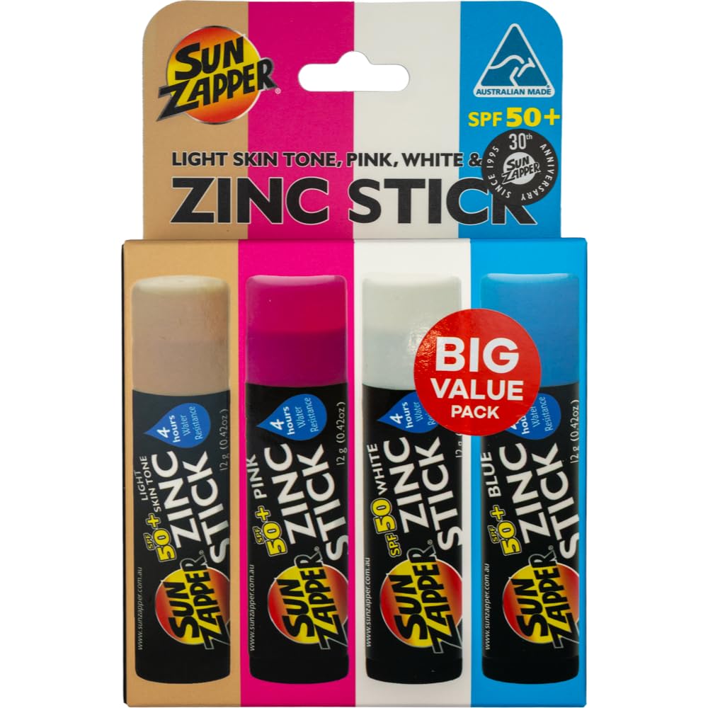 Sun Zapper Zinc Oxide Sunscreen Sticks – SPF 50+ Water Resistant – Beach Pack with 4 Colors (Light Skin Tone, Pink, White, Blue) – Broad Spectrum Sunblock for Face & Body – Made in Australia
