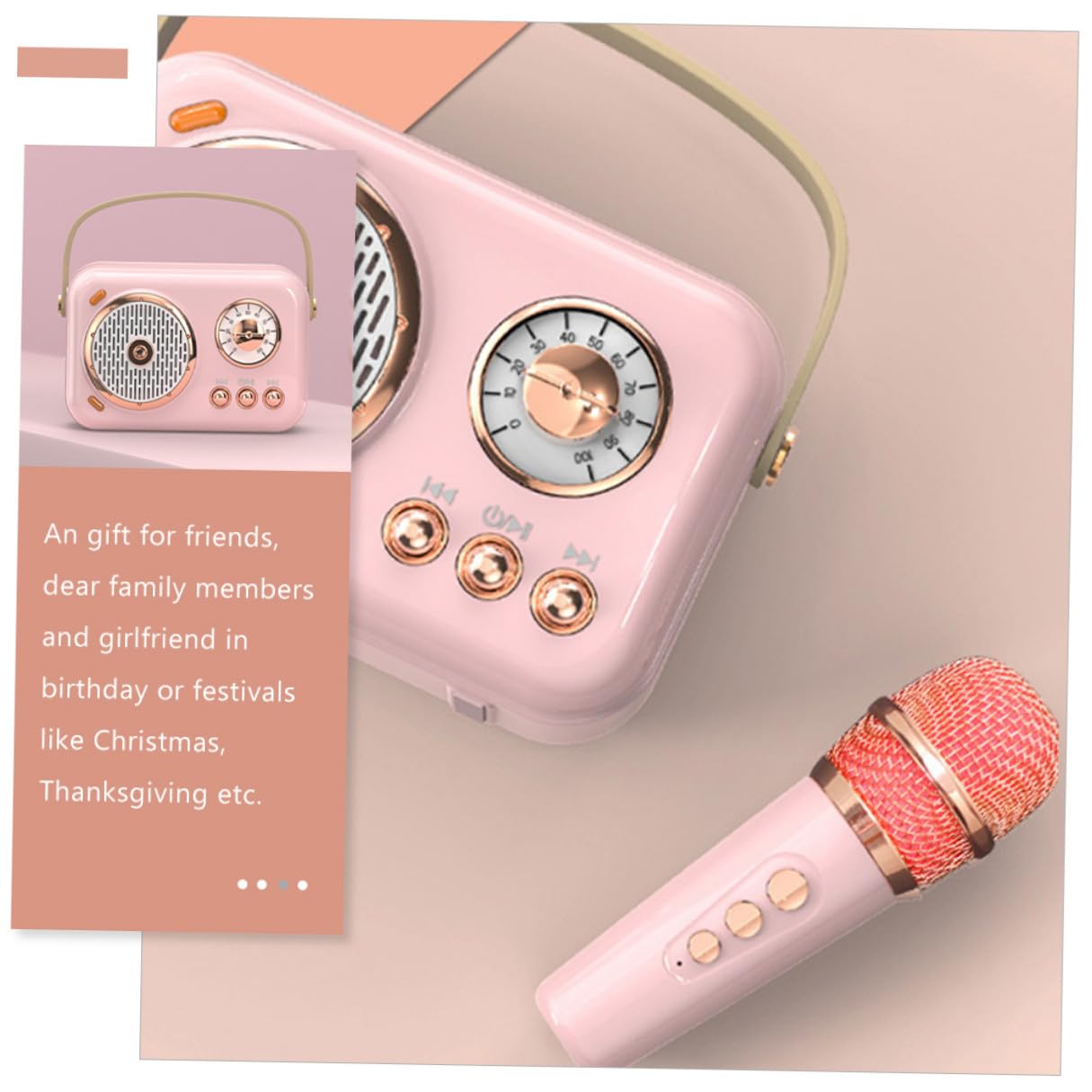 Altavoz Portátil con Micrófono Inalámbrico Compacto para Karaoke, Estilo Retro, Función de Conexión Inalámbrica, Uso en Exteriores y Hogar, Diseño Ligero para Jóvenes, Color Rosa