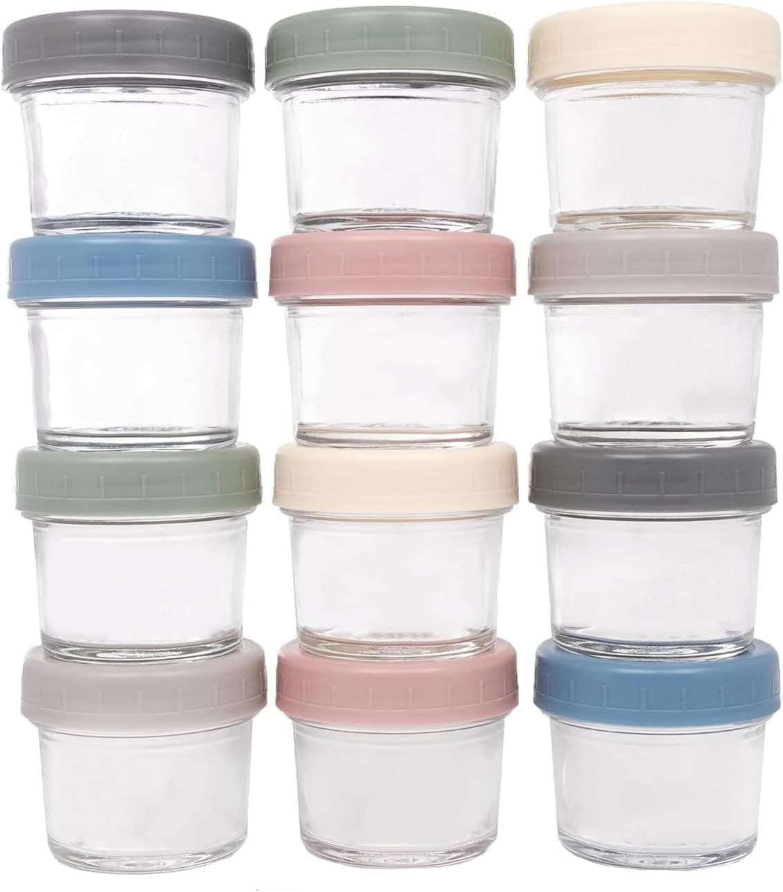 Glass Food Storage Jars w/Lids (4 oz, 12 Pack) Snack, Puree, Reusable Containers, Fridge or Freezer, Microwave & Dishwasher Safe, Essential Random color (12)
