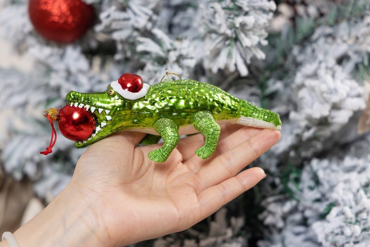2 Pack 6.7'' Glass Alligator Christmas Ornament, Hand Painted Glass Crocodile Alligator Ornaments for Christmas Tree Decorations - Image 5