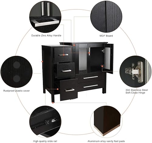 Miniatura 9 de eclife Lavabo de tocador de baño de 36 pulgadas, color blanco con gabinete lateral, color turquesa, cuadrado de vidrio templado, fregadero y grifo